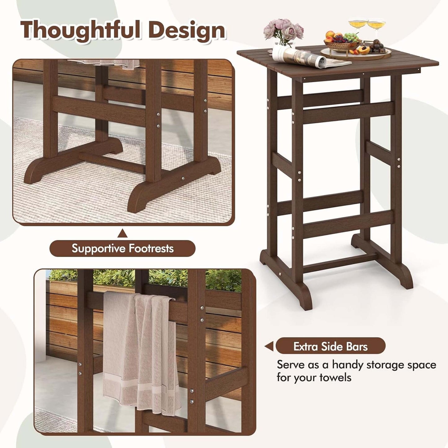 Ensemble de bistrot 3 pièces en PEHD pour patio, tabourets de bar à hauteur de comptoir avec table