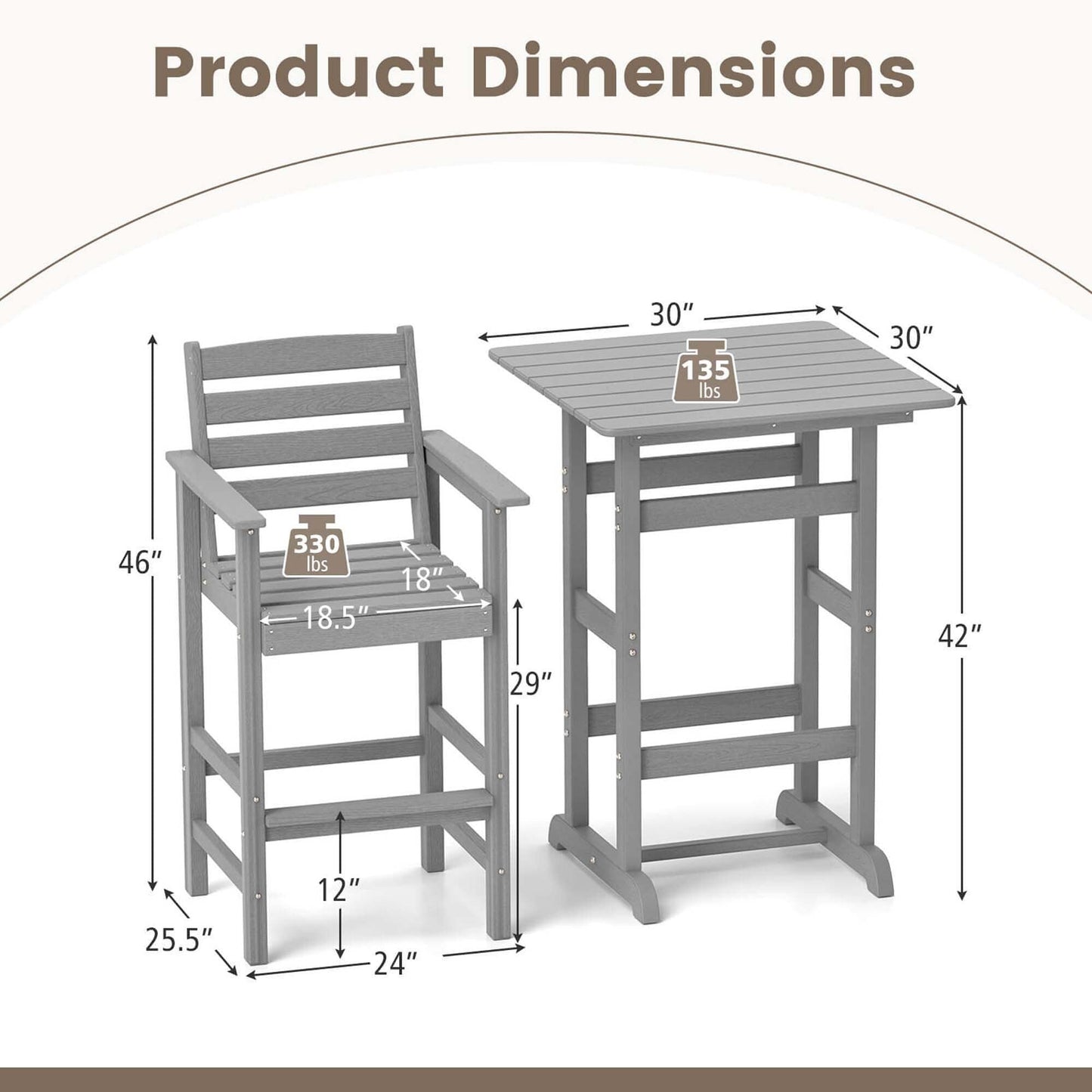 Ensemble de bistrot 3 pièces en PEHD pour patio, tabourets de bar à hauteur de comptoir avec table