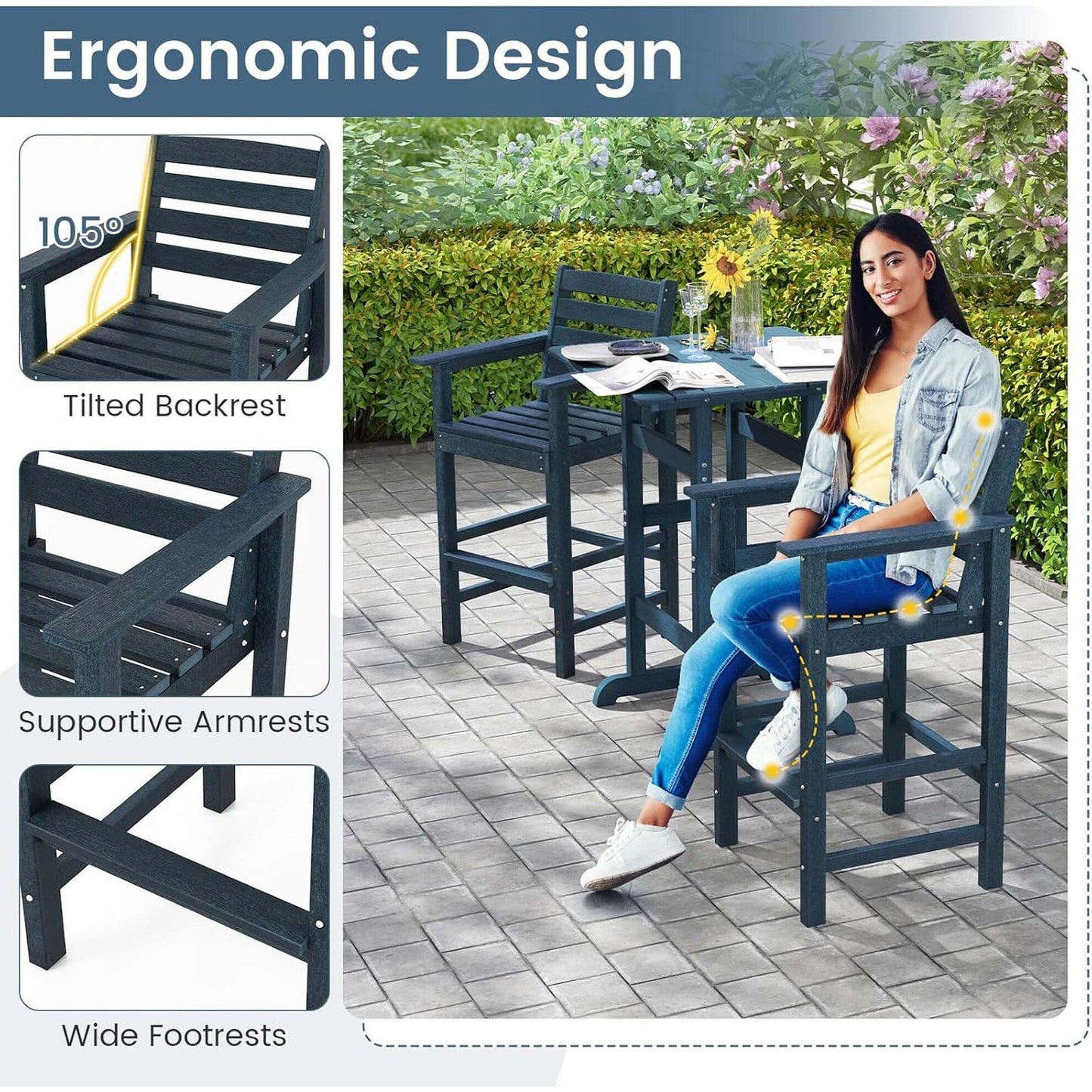 Ensemble de bistrot 3 pièces en PEHD pour patio, tabourets de bar à hauteur de comptoir avec table