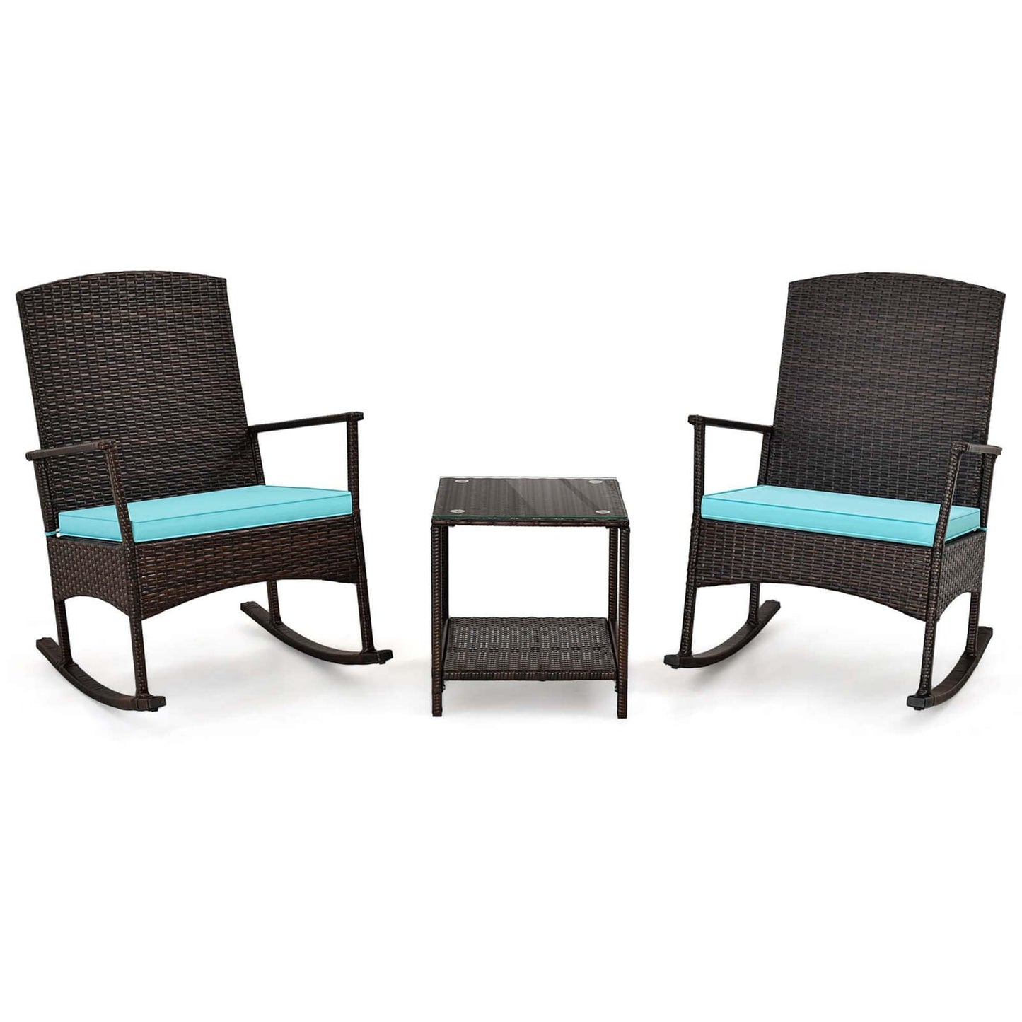 Ensemble de 3 chaises à bascule en osier pour patio avec table basse à 2 niveaux