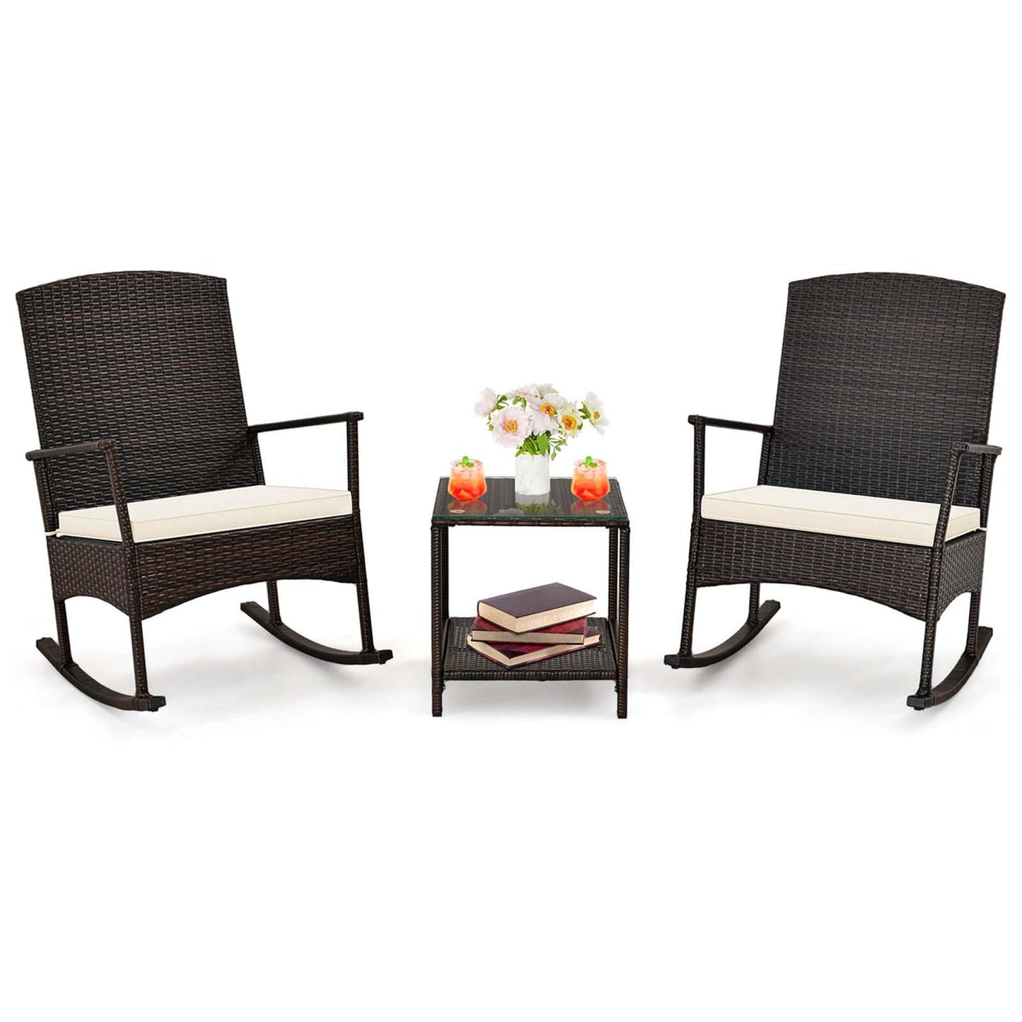 Ensemble de 3 chaises à bascule en osier pour patio avec table basse à 2 niveaux