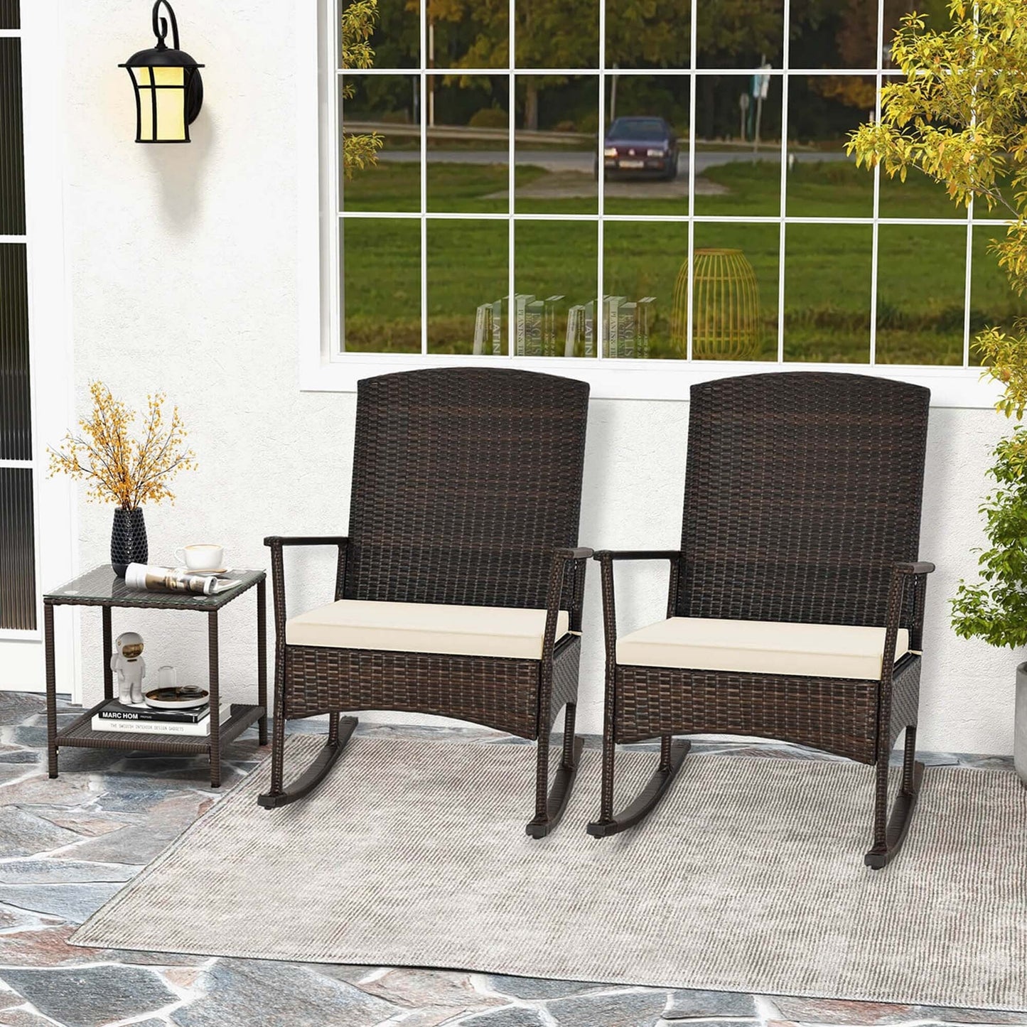Ensemble de 3 chaises à bascule en osier pour patio avec table basse à 2 niveaux
