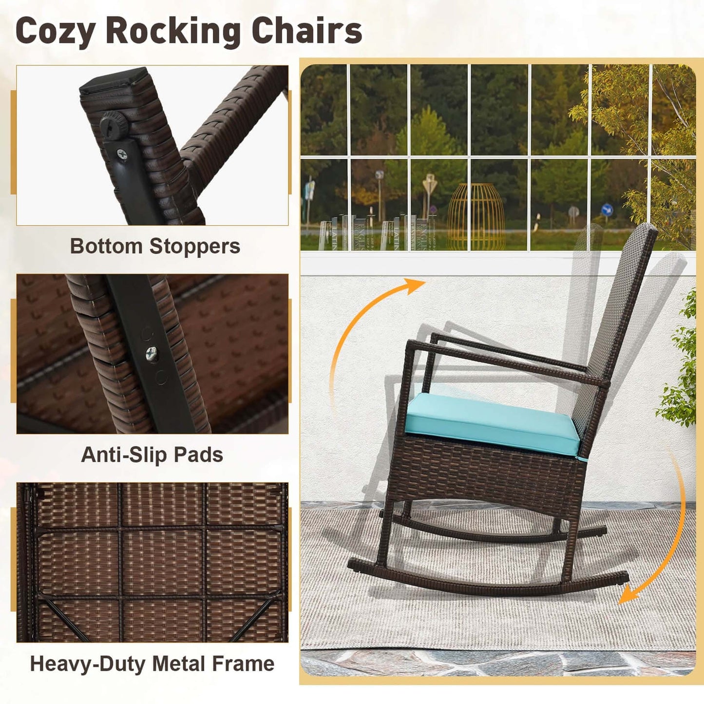 Ensemble de 3 chaises à bascule en osier pour patio avec table basse à 2 niveaux