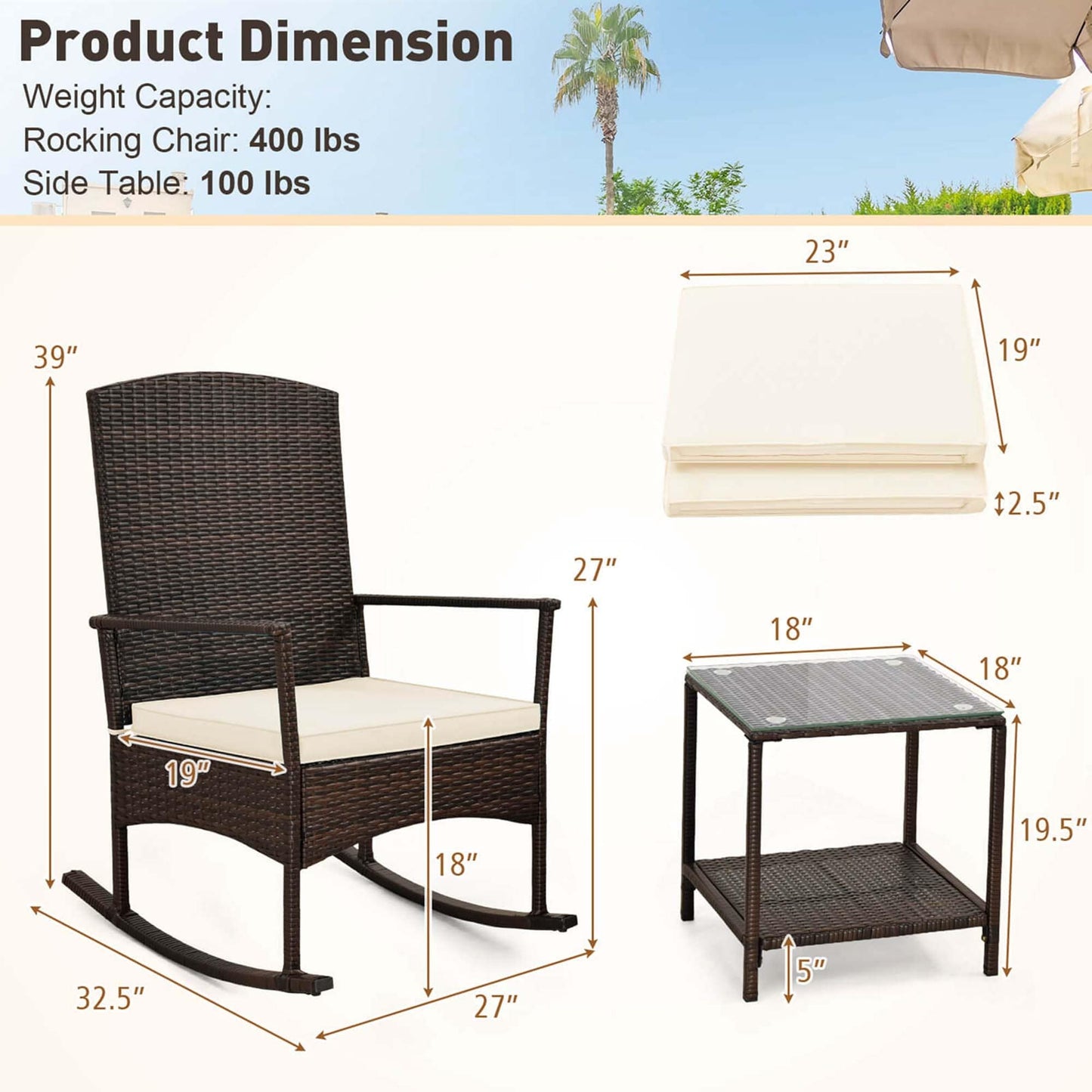 Ensemble de 3 chaises à bascule en osier pour patio avec table basse à 2 niveaux
