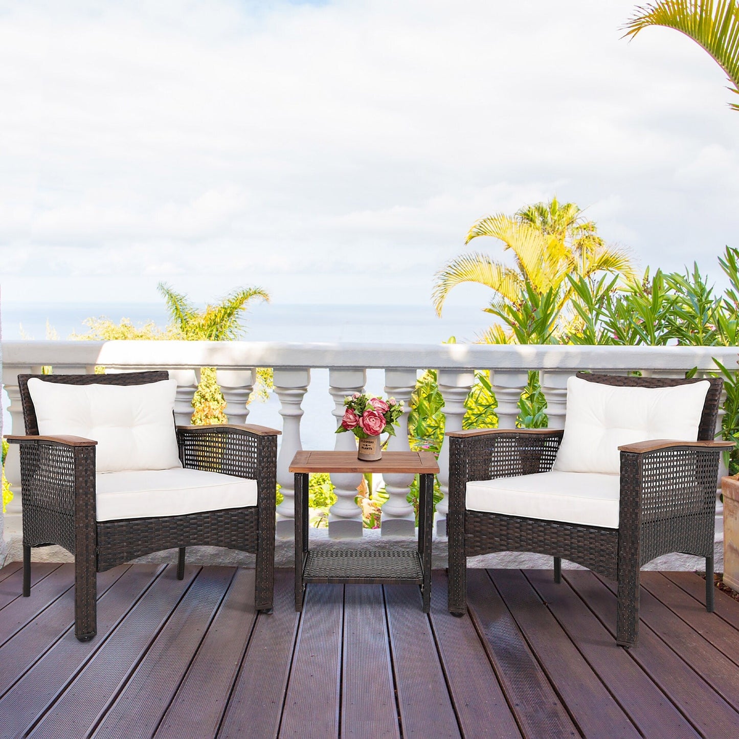 Ensemble de canapés de patio 3 pièces en rotin avec table basse à 2 niveaux
