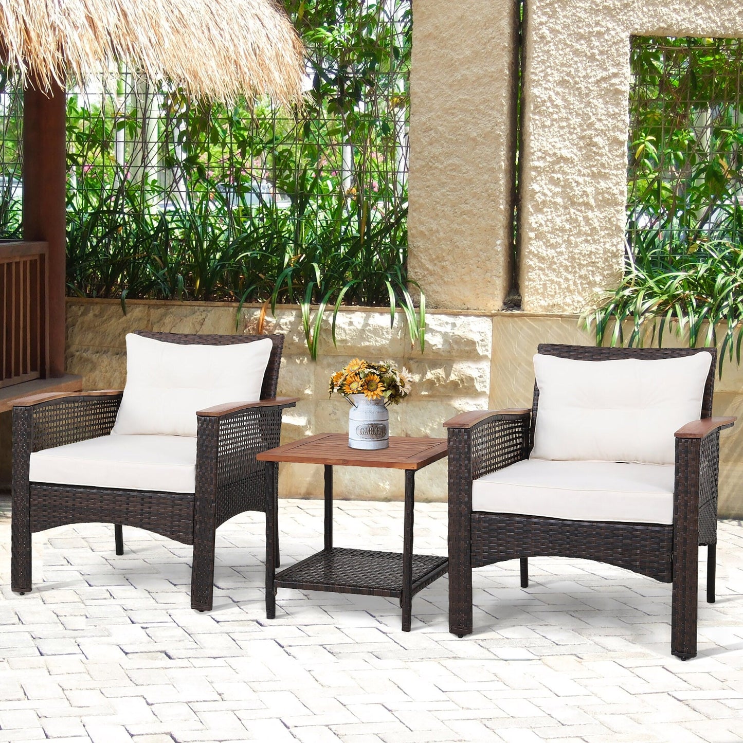 Ensemble de canapés de patio 3 pièces en rotin avec table basse à 2 niveaux