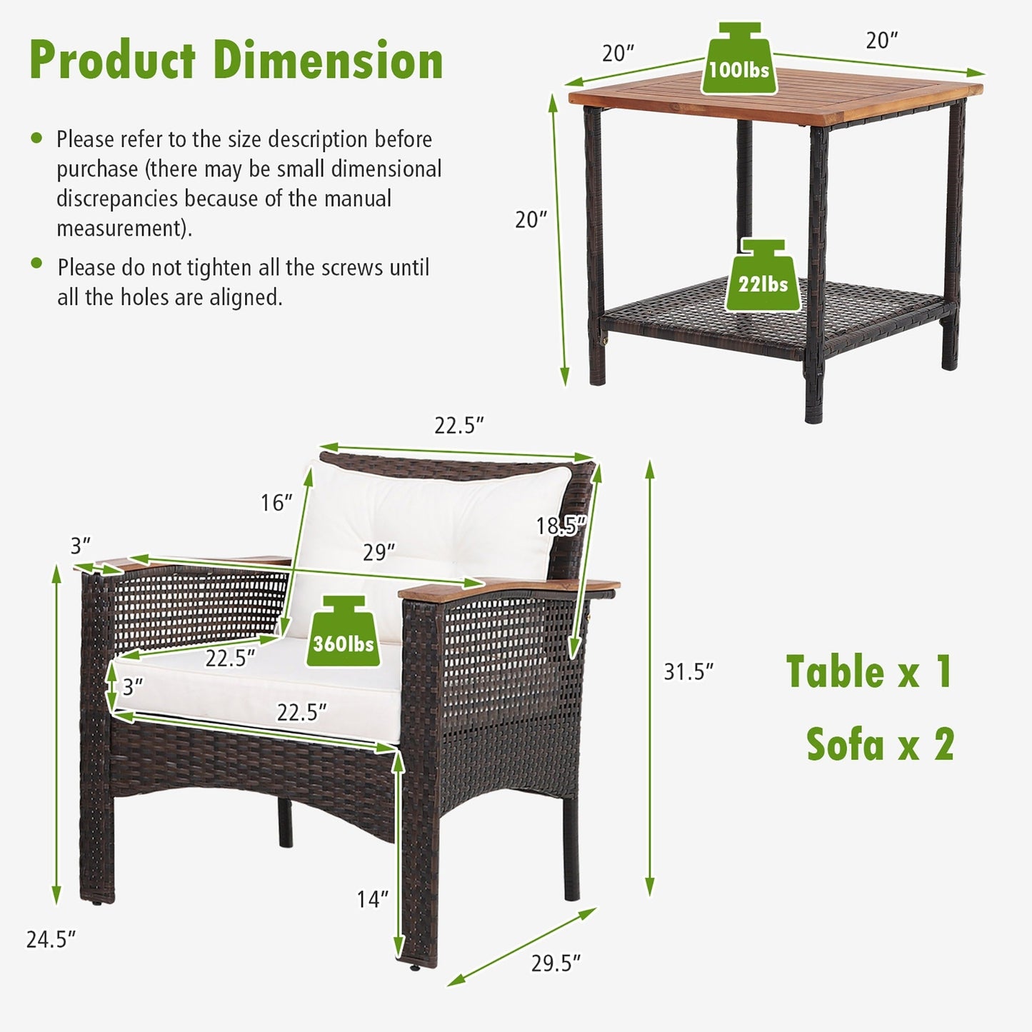 Ensemble de canapés de patio 3 pièces en rotin avec table basse à 2 niveaux