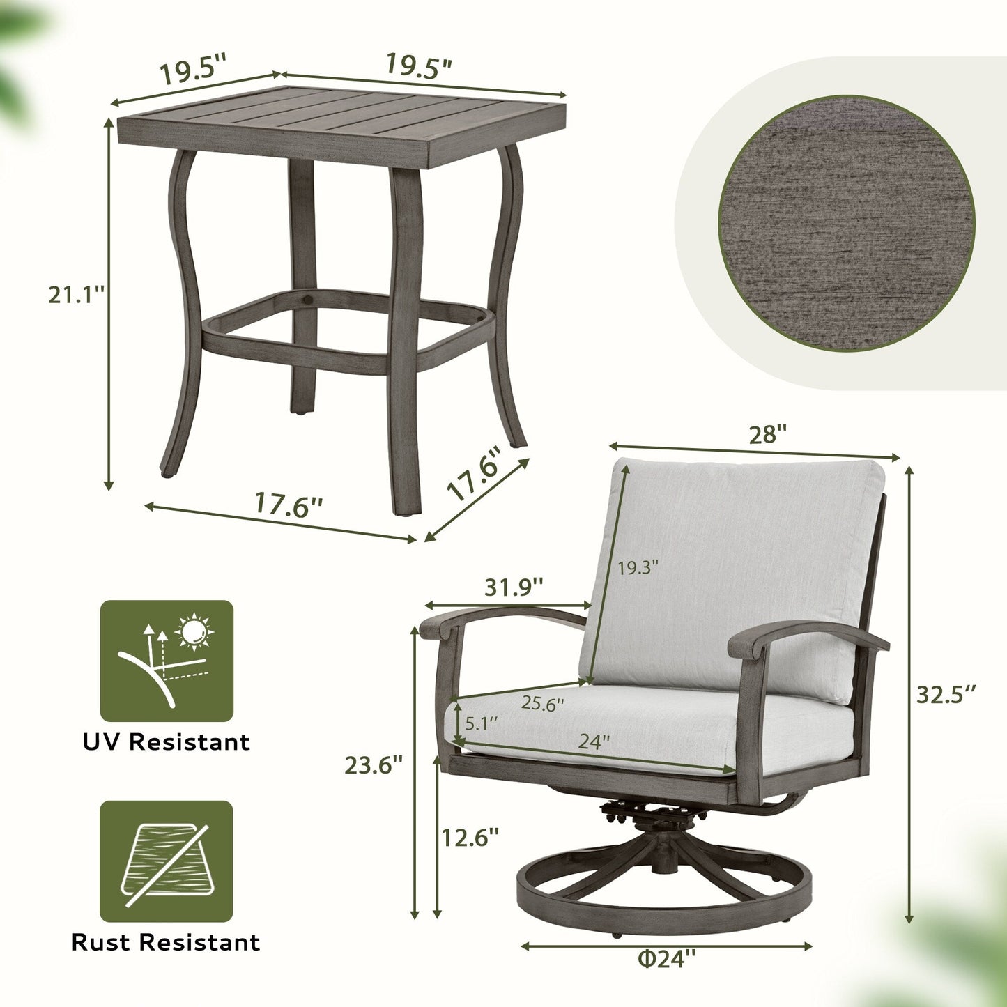 Ensemble bistro de patio 3 pièces en aluminium avec table d'appoint, fauteuils pivotants et coussins gris clair