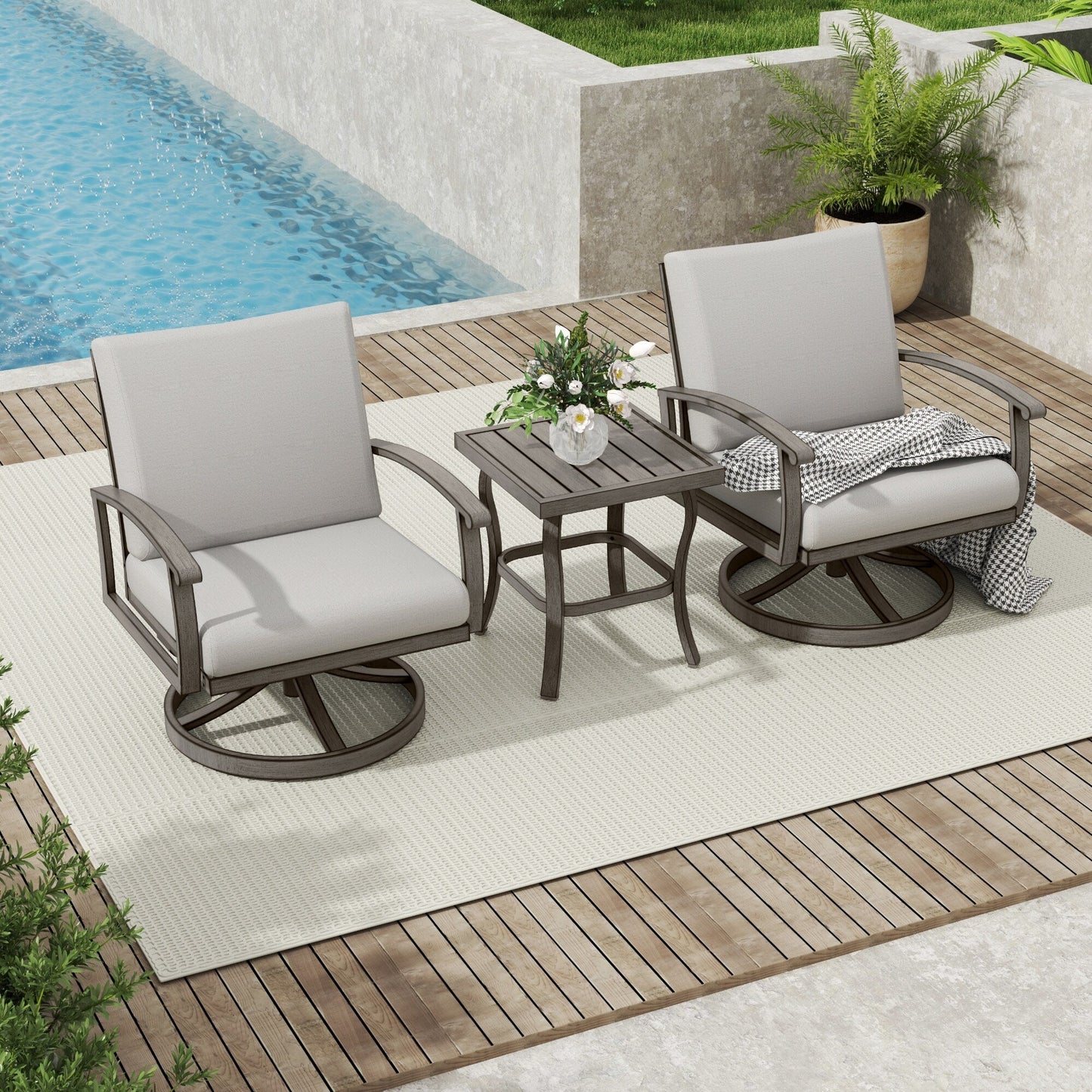 Ensemble bistro de patio 3 pièces en aluminium avec table d'appoint, fauteuils pivotants et coussins gris clair
