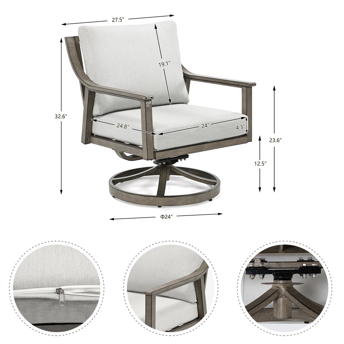 Ensemble de salon de jardin en aluminium 3 pièces avec chaises pivotantes, table d'appoint et coussins