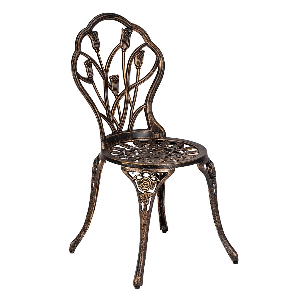 Ensemble de bistrot de patio 3 pièces en aluminium moulé, mobilier d'extérieur, design tulipe, finition cuivre antique, résistant à la rouille