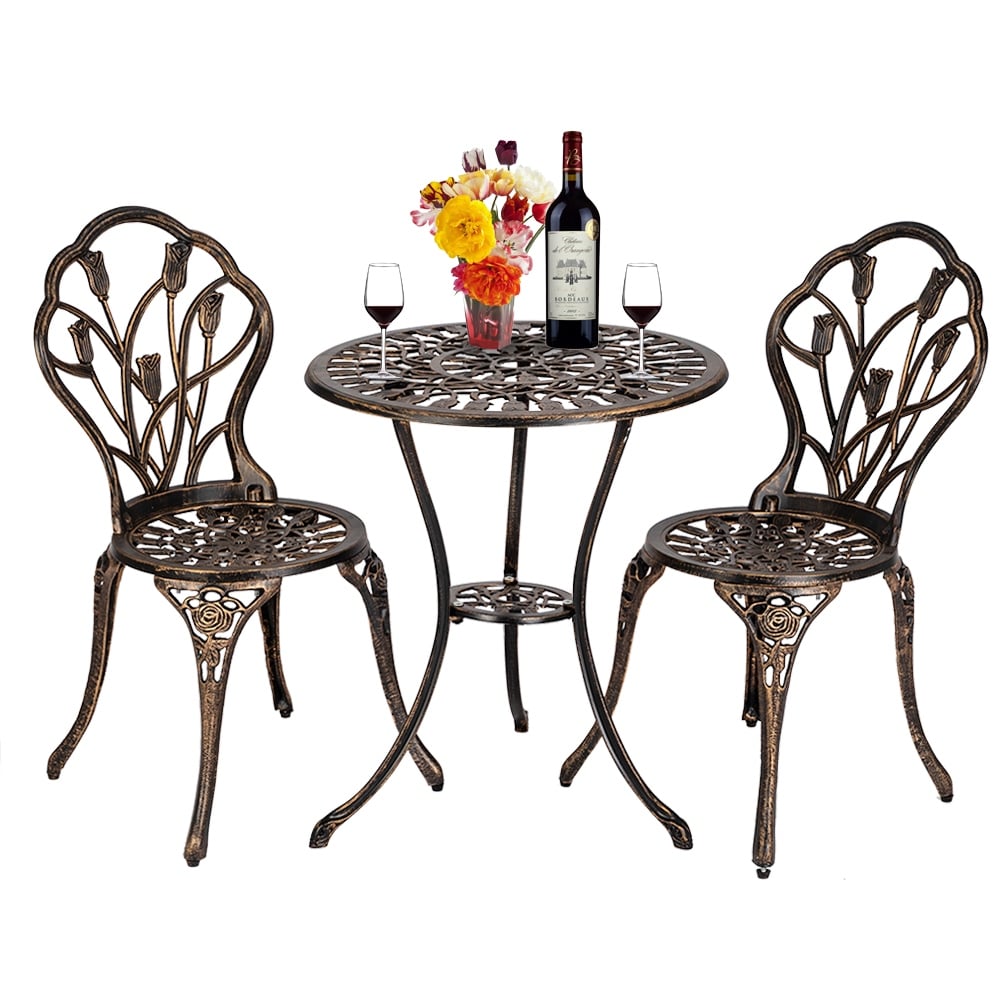 Ensemble de bistrot de patio 3 pièces en aluminium moulé, mobilier d'extérieur, design tulipe, finition cuivre antique, résistant à la rouille