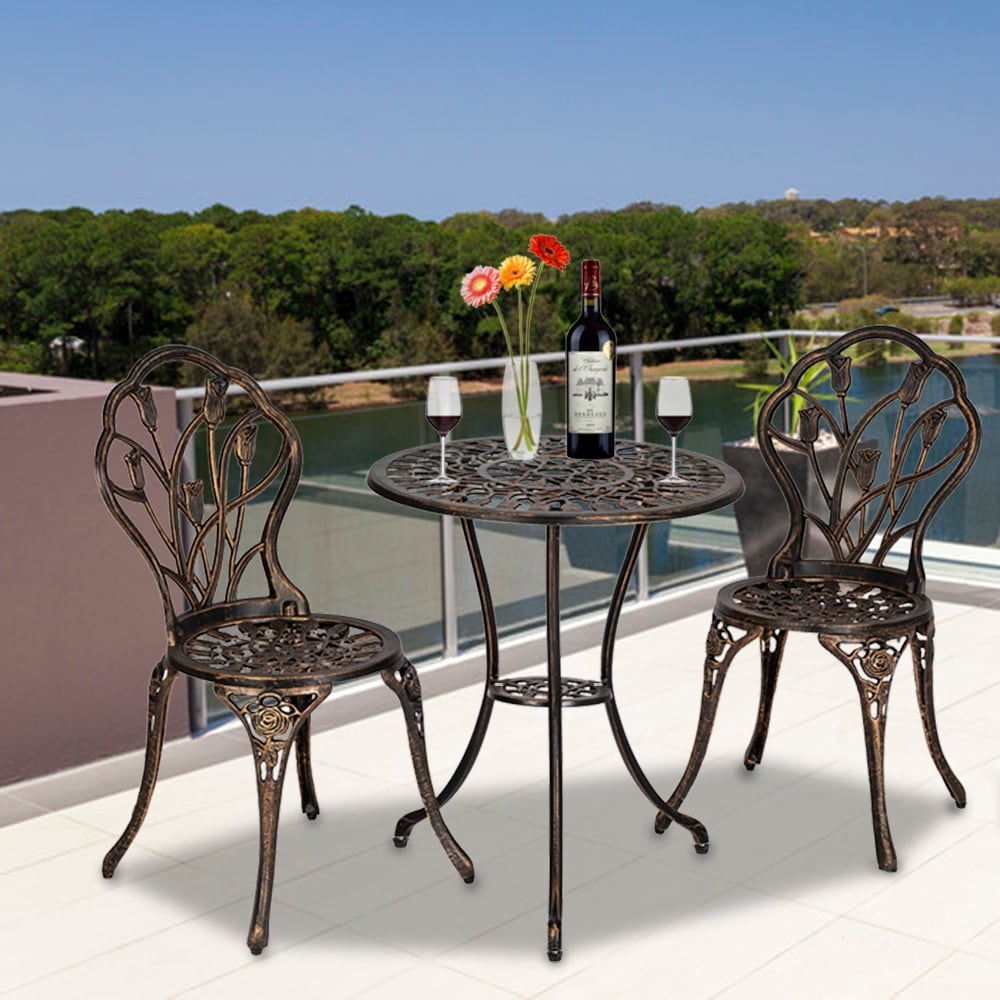 Ensemble de bistrot de patio 3 pièces en aluminium moulé, mobilier d'extérieur, design tulipe, finition cuivre antique, résistant à la rouille