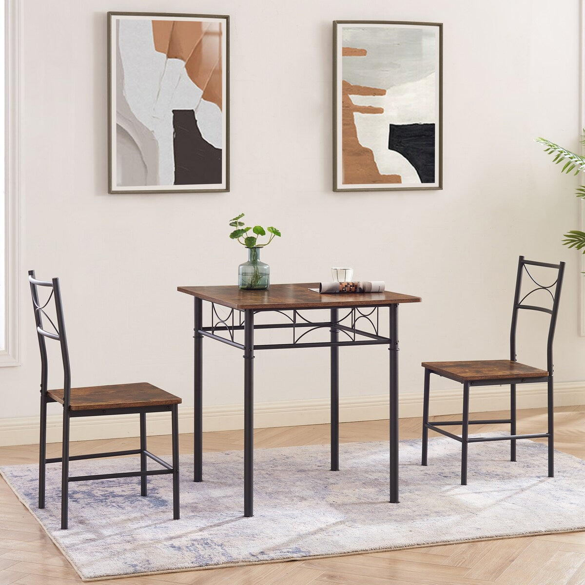 Ensemble de cuisine, salle à manger et patio 3 pièces, table et chaise marron rétro - Chaise : 15,6 L x 15,1 l x 33,8 H