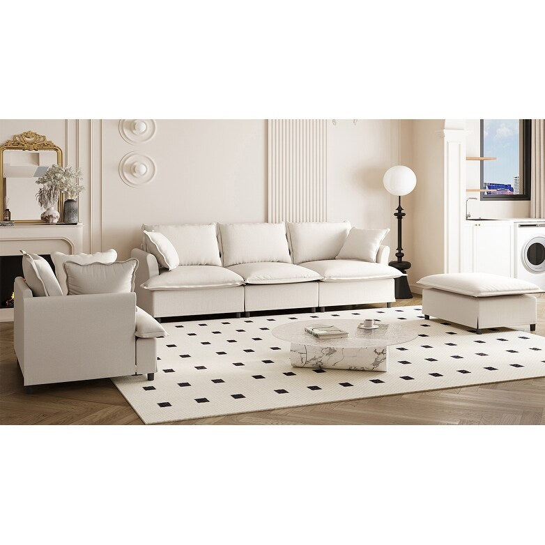 Ensemble de canapés de salon 3 pièces, canapé modulaire en L en chenille, canapé 3 places rembourré, fauteuil et pouf amovible