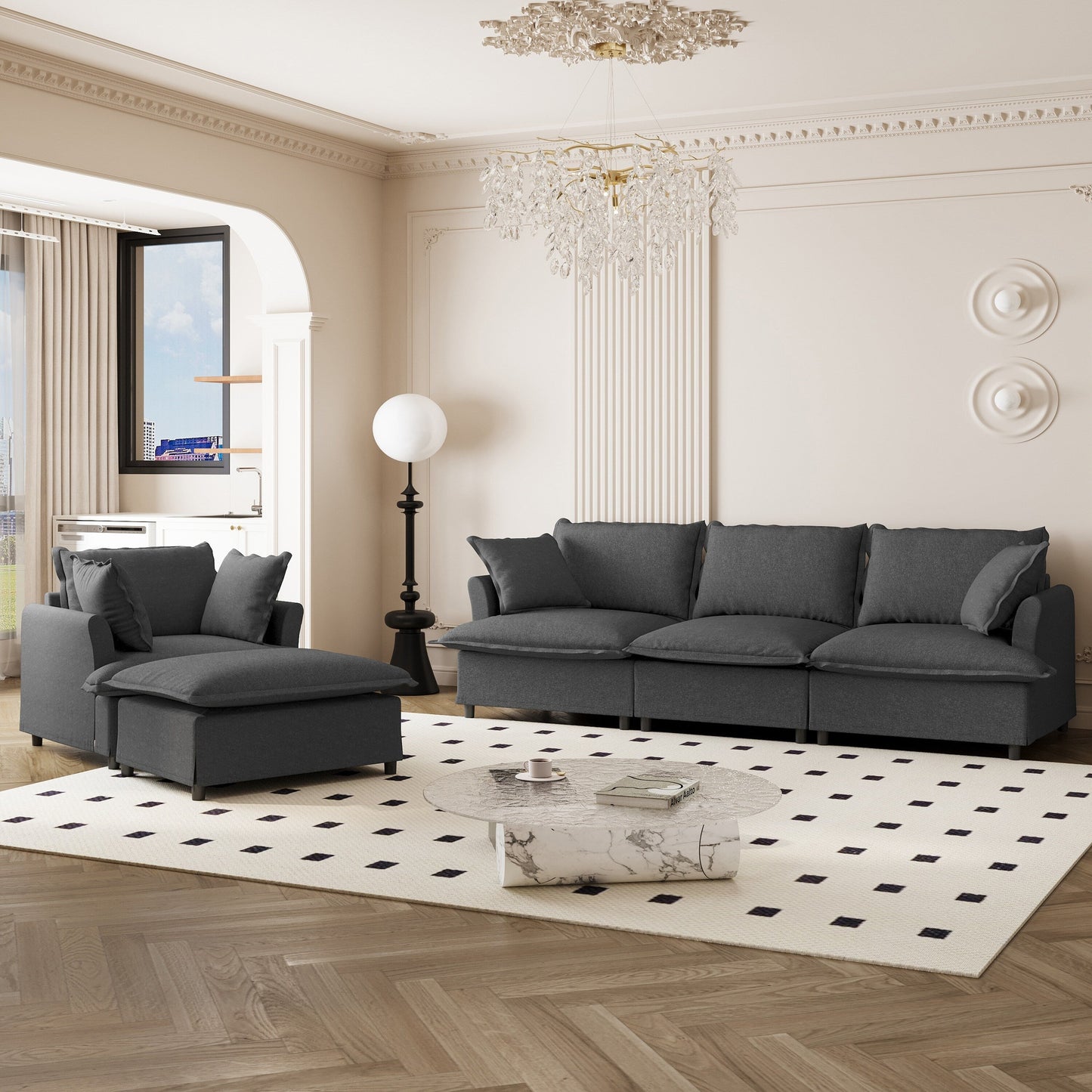 Ensemble de canapés de salon 3 pièces, canapé modulaire en L en chenille, canapé 3 places rembourré, fauteuil et pouf amovible