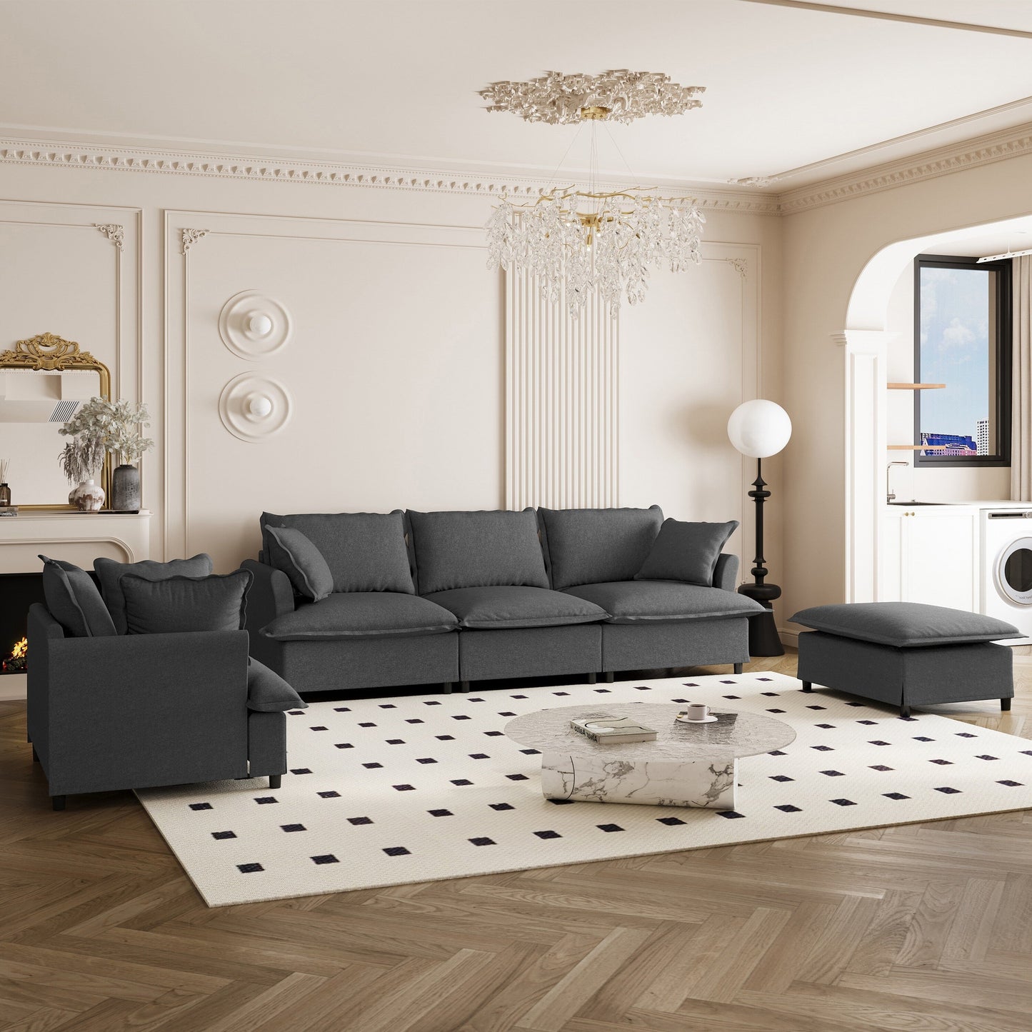Ensemble de canapés de salon 3 pièces, canapé modulaire en L en chenille, canapé 3 places rembourré, fauteuil et pouf amovible