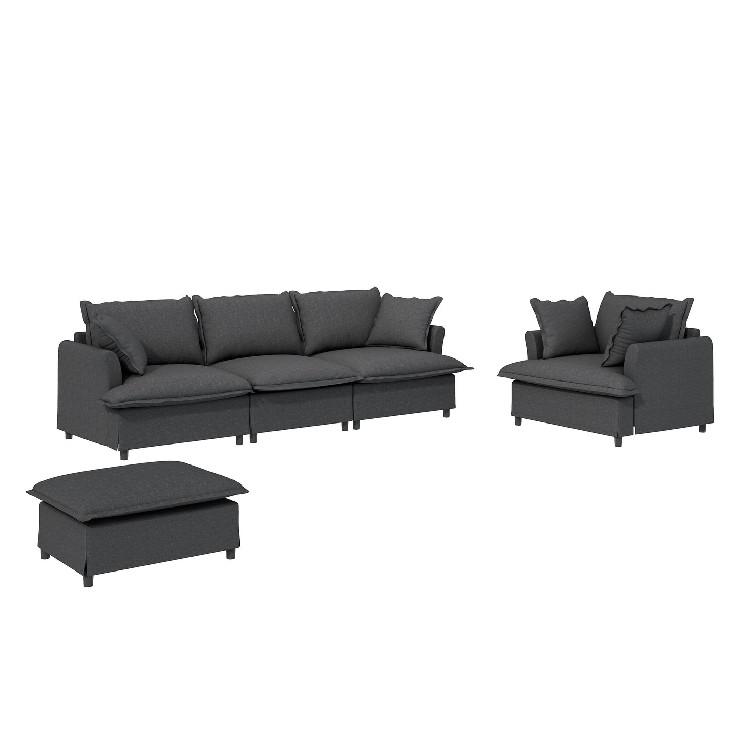 Ensemble de canapés de salon 3 pièces, canapé modulaire en L en chenille, canapé 3 places rembourré, fauteuil et pouf amovible