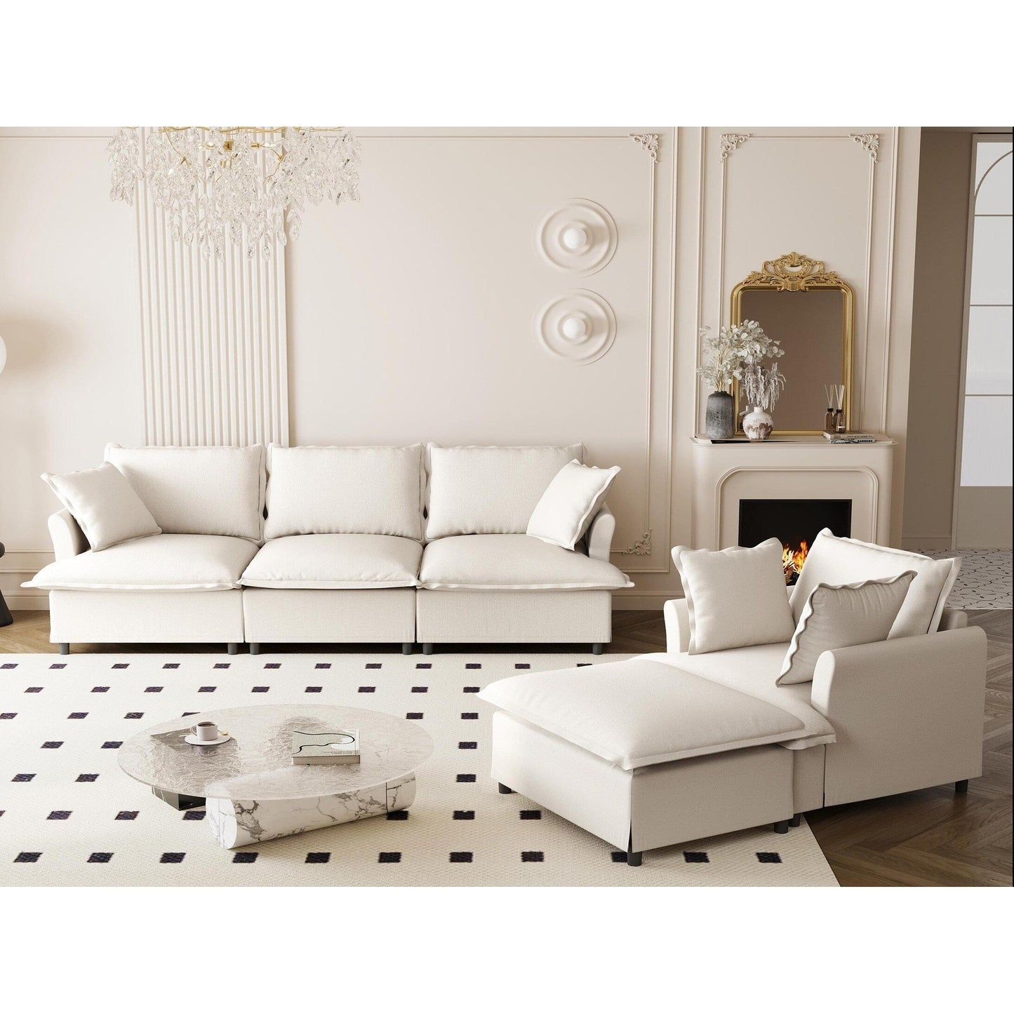 Ensemble de canapés de salon 3 pièces, canapé modulaire en L en chenille, canapé 3 places rembourré, fauteuil et pouf amovible