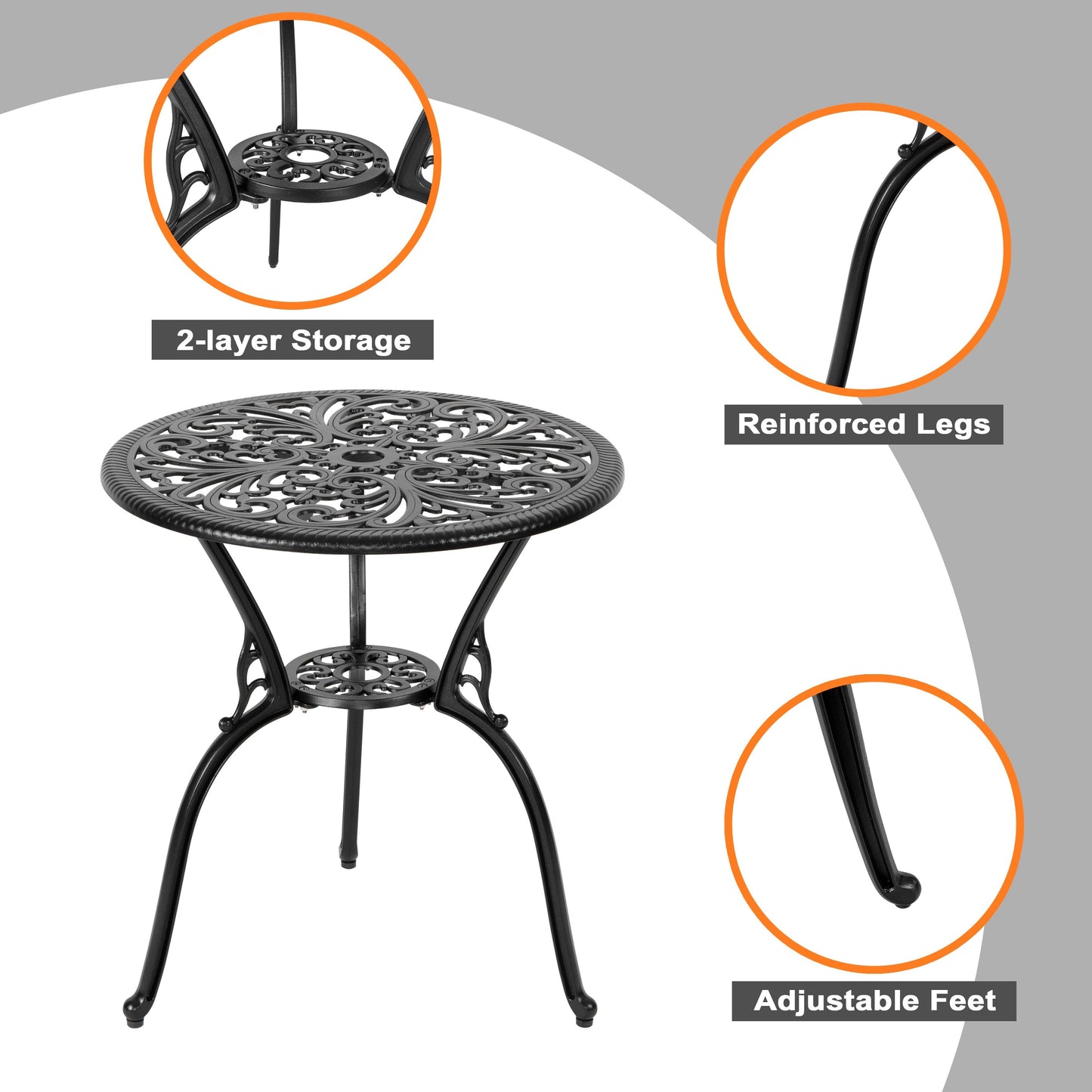 Ensemble de bistrot d'extérieur 3 pièces, ensemble de patio en fonte d'aluminium avec trou pour parasol