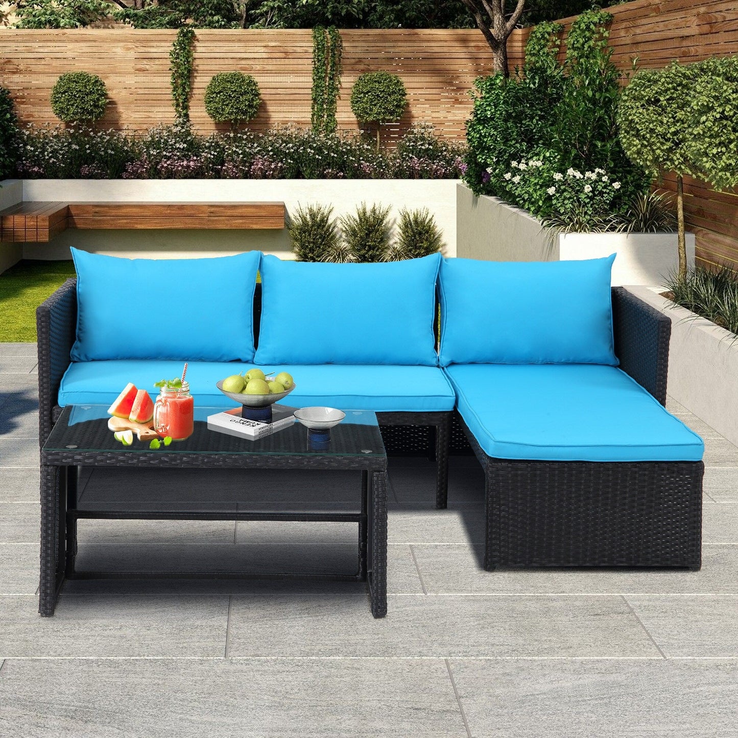 Ensemble de meubles d'extérieur en rotin PE 3 pièces, canapé causeuse, canapé sectionnel, coussin