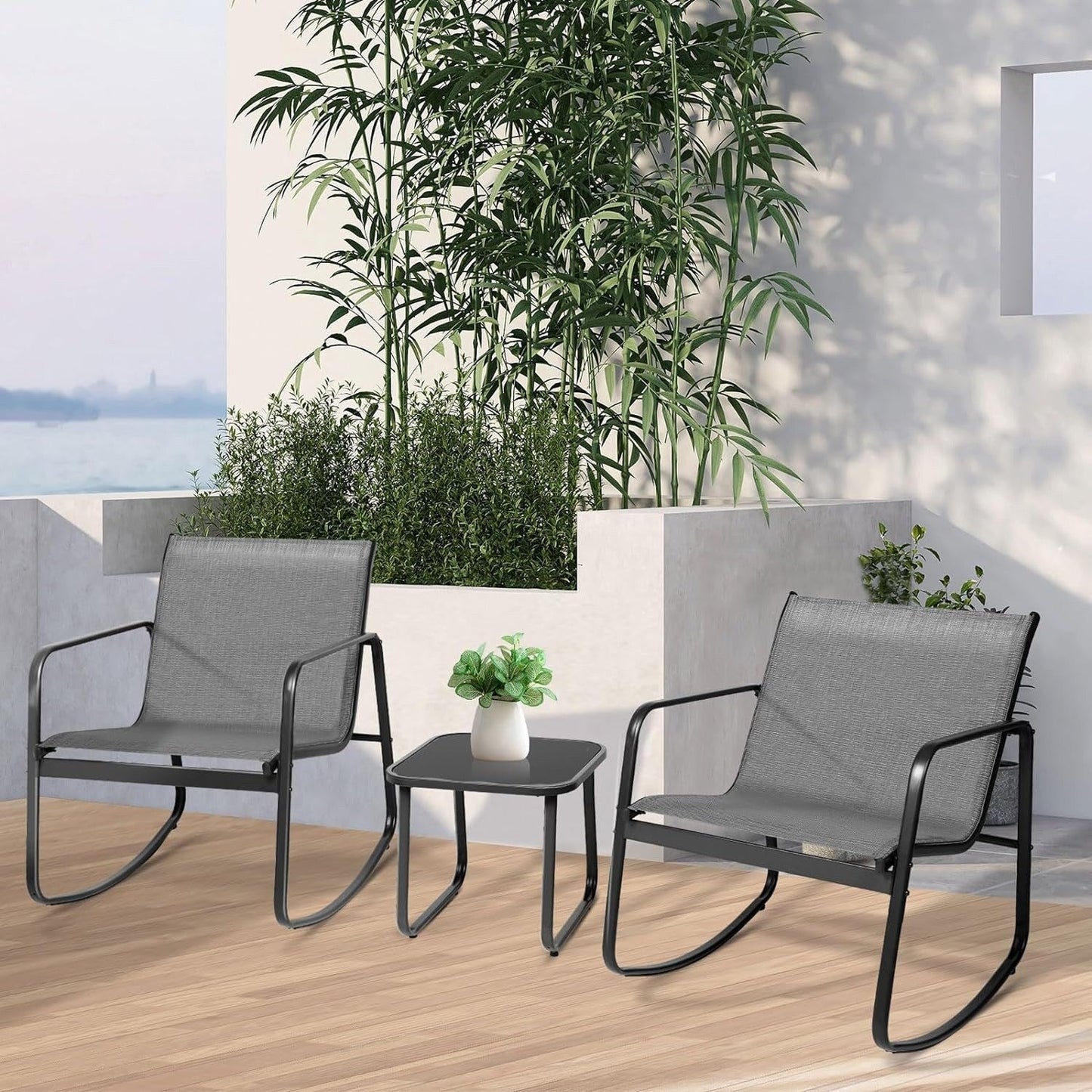 Ensemble bistro 3 pièces pour patio extérieur avec chaises à bascule et table basse en verre