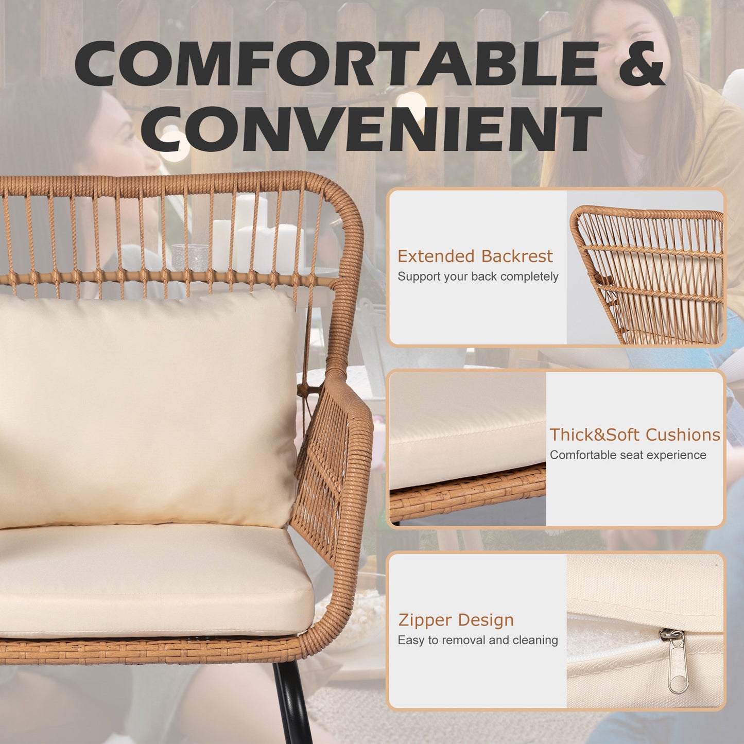 Ensemble de bistrot d'extérieur 3 pièces en osier, mobilier de jardin en rotin résistant aux intempéries, chaises de jardin avec coussins