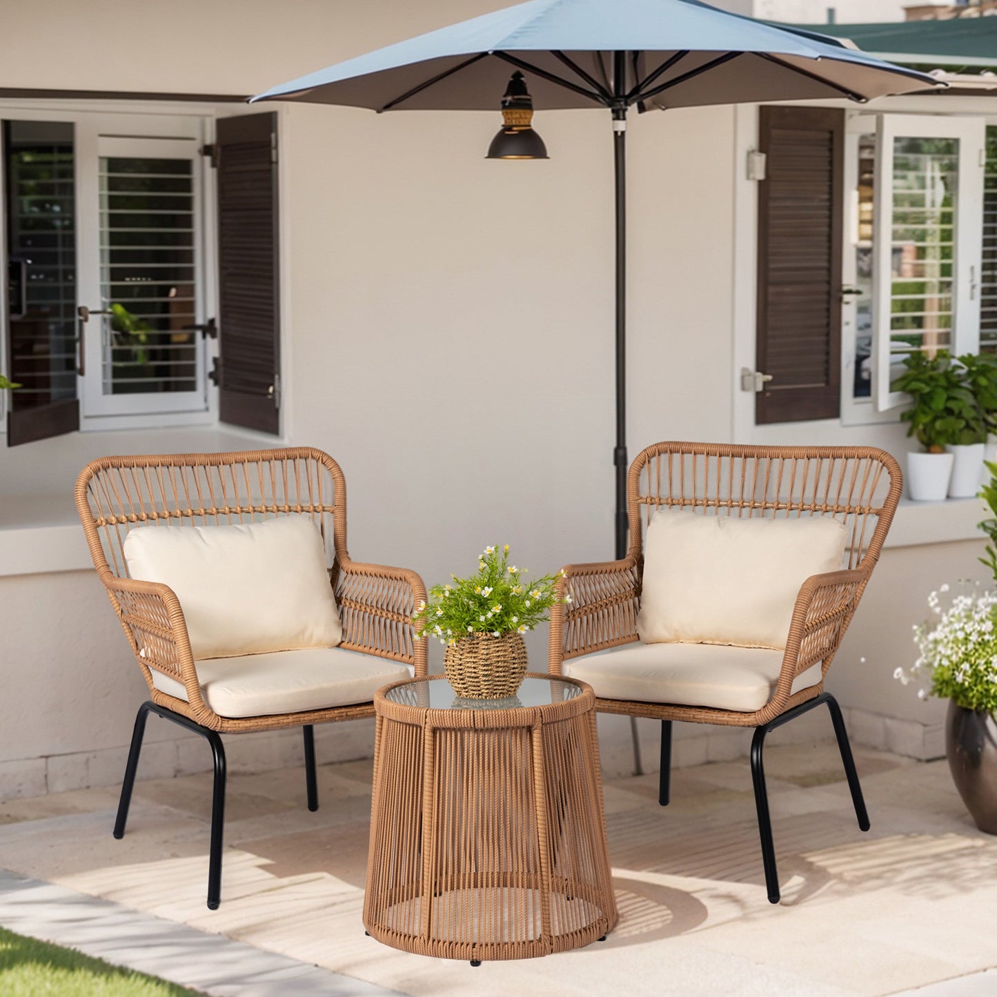 Ensemble de bistrot d'extérieur 3 pièces en osier, mobilier de jardin en rotin résistant aux intempéries, chaises de jardin avec coussins