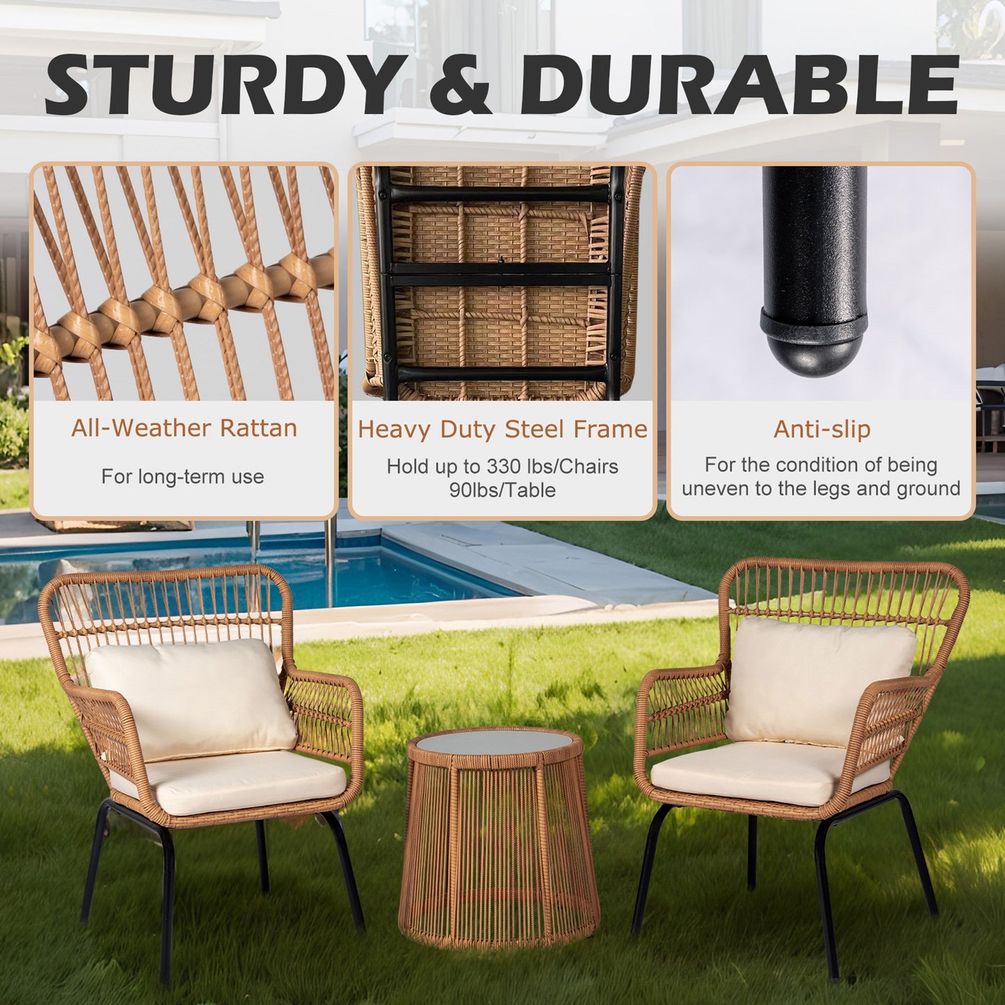 Ensemble de bistrot d'extérieur 3 pièces en osier, mobilier de jardin en rotin résistant aux intempéries, chaises de jardin avec coussins