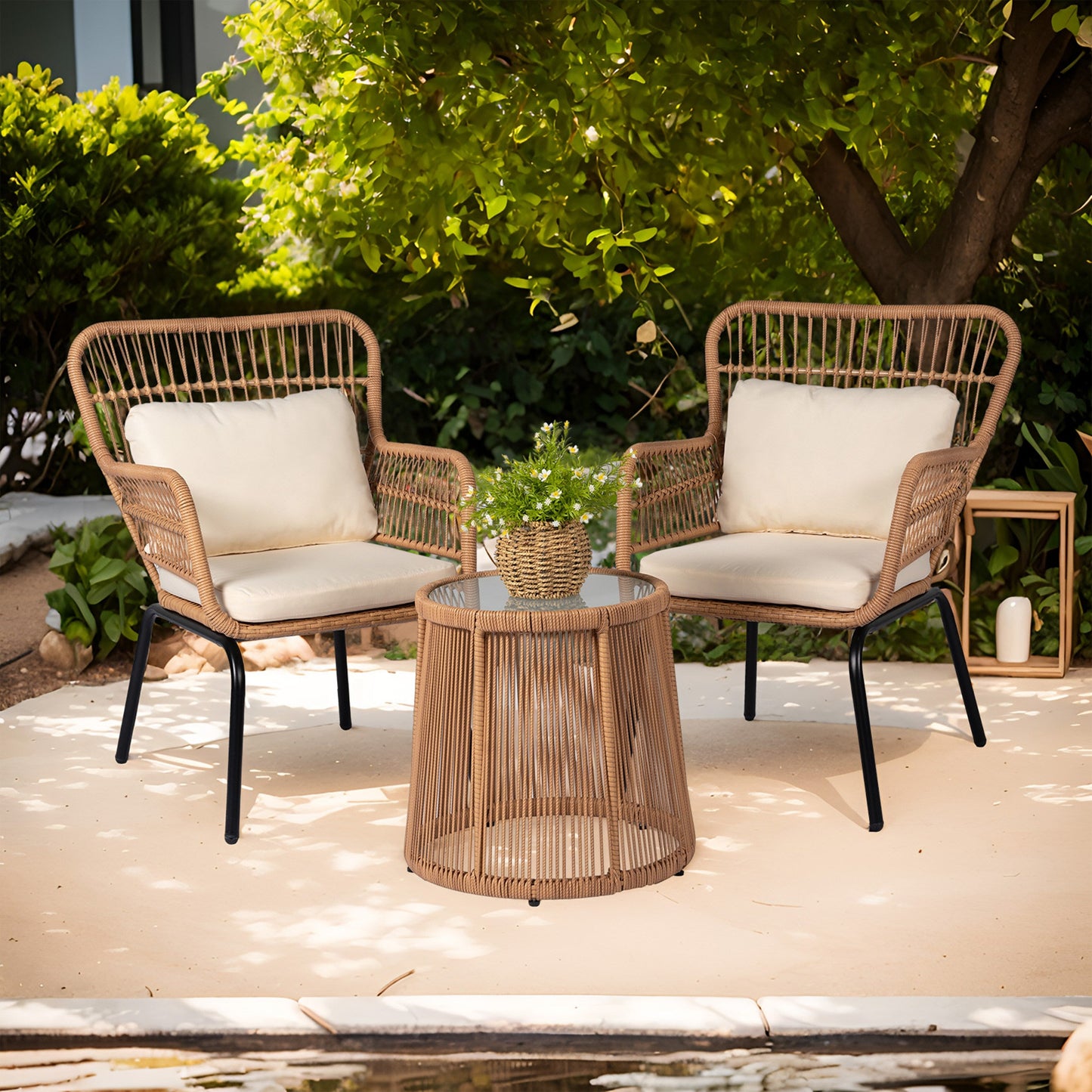Ensemble de bistrot d'extérieur 3 pièces en osier, mobilier de jardin en rotin résistant aux intempéries, chaises de jardin avec coussins