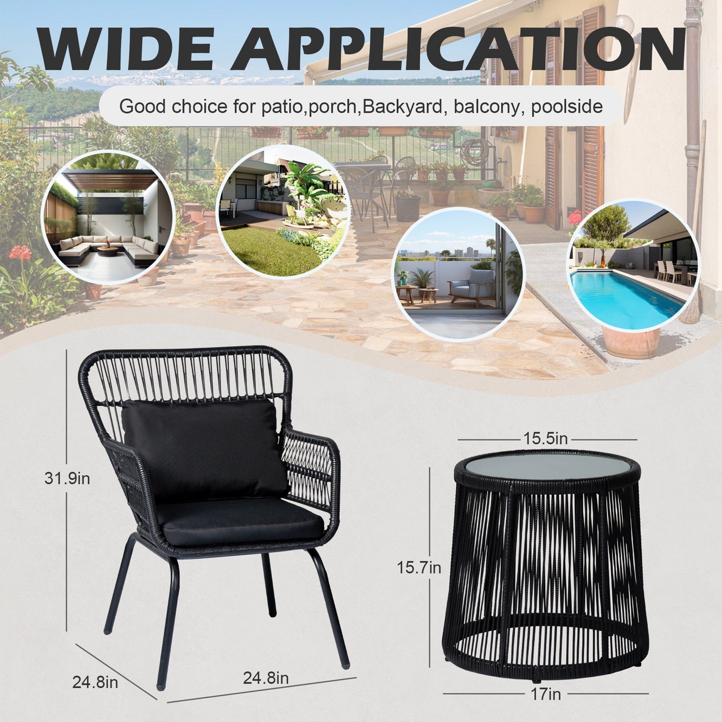 Ensemble de bistrot d'extérieur 3 pièces en osier, mobilier de jardin en rotin résistant aux intempéries, chaises de jardin avec coussins
