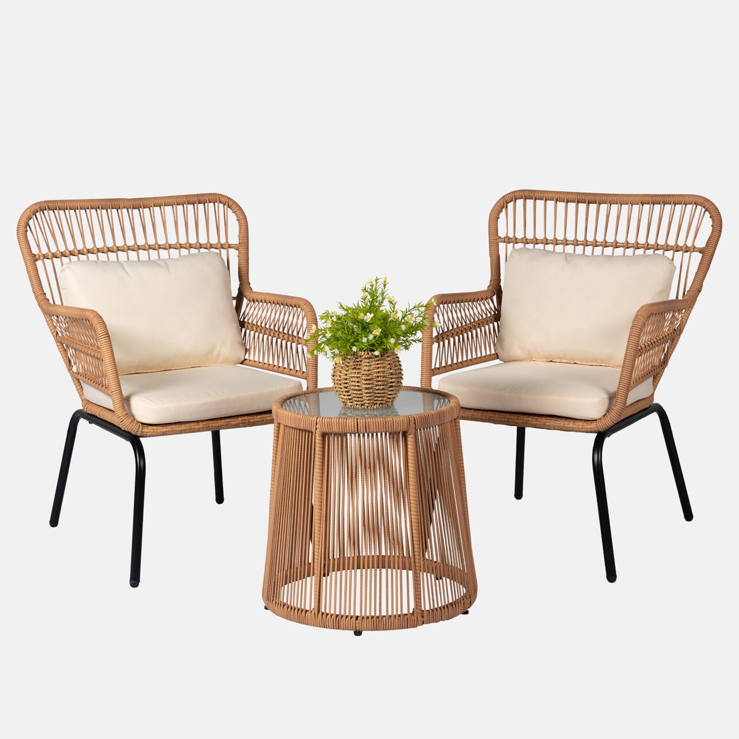 Ensemble de bistrot d'extérieur 3 pièces en osier, mobilier de jardin en rotin résistant aux intempéries, chaises de jardin avec coussins