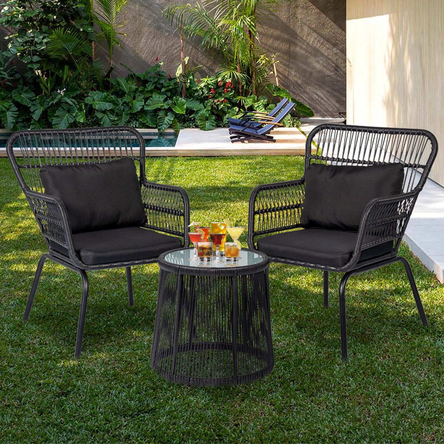 Ensemble de bistrot d'extérieur 3 pièces en osier, mobilier de jardin en rotin résistant aux intempéries, chaises de jardin avec coussins