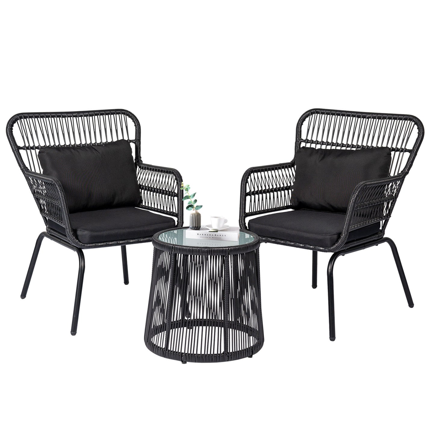 Ensemble de bistrot d'extérieur 3 pièces en osier, mobilier de jardin en rotin résistant aux intempéries, chaises de jardin avec coussins