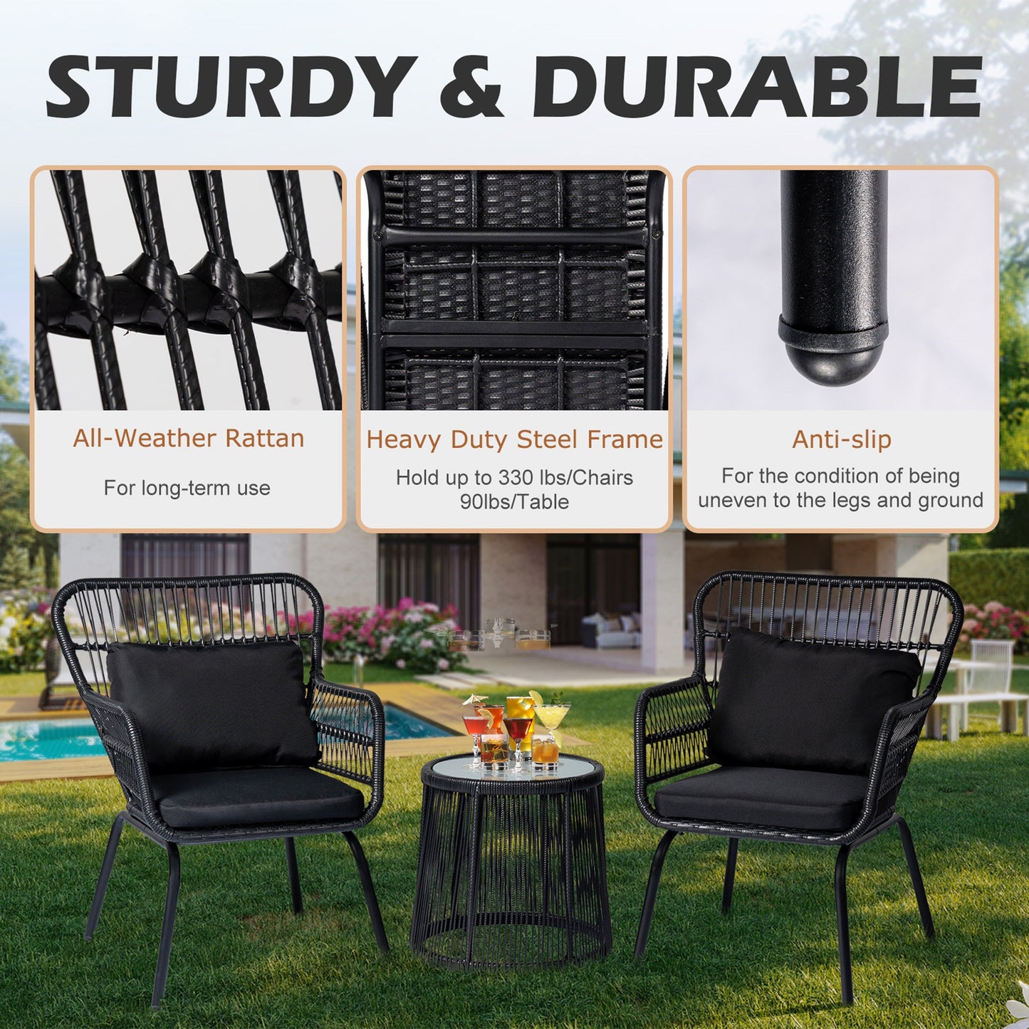 Ensemble de bistrot d'extérieur 3 pièces en osier, mobilier de jardin en rotin résistant aux intempéries, chaises de jardin avec coussins