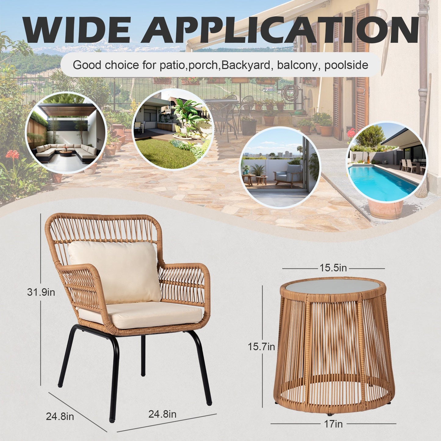 Ensemble de bistrot d'extérieur 3 pièces en osier, mobilier de jardin en rotin résistant aux intempéries, chaises de jardin avec coussins
