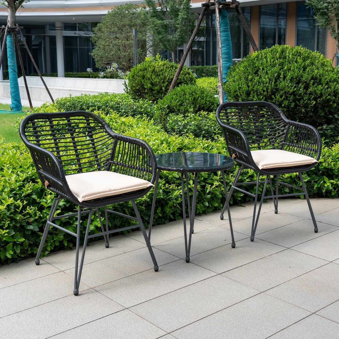 Ensemble de 3 meubles de jardin en osier avec coussins pour terrasse, piscine, jardin - 21,2 L x 23,6 l x 31,5 H