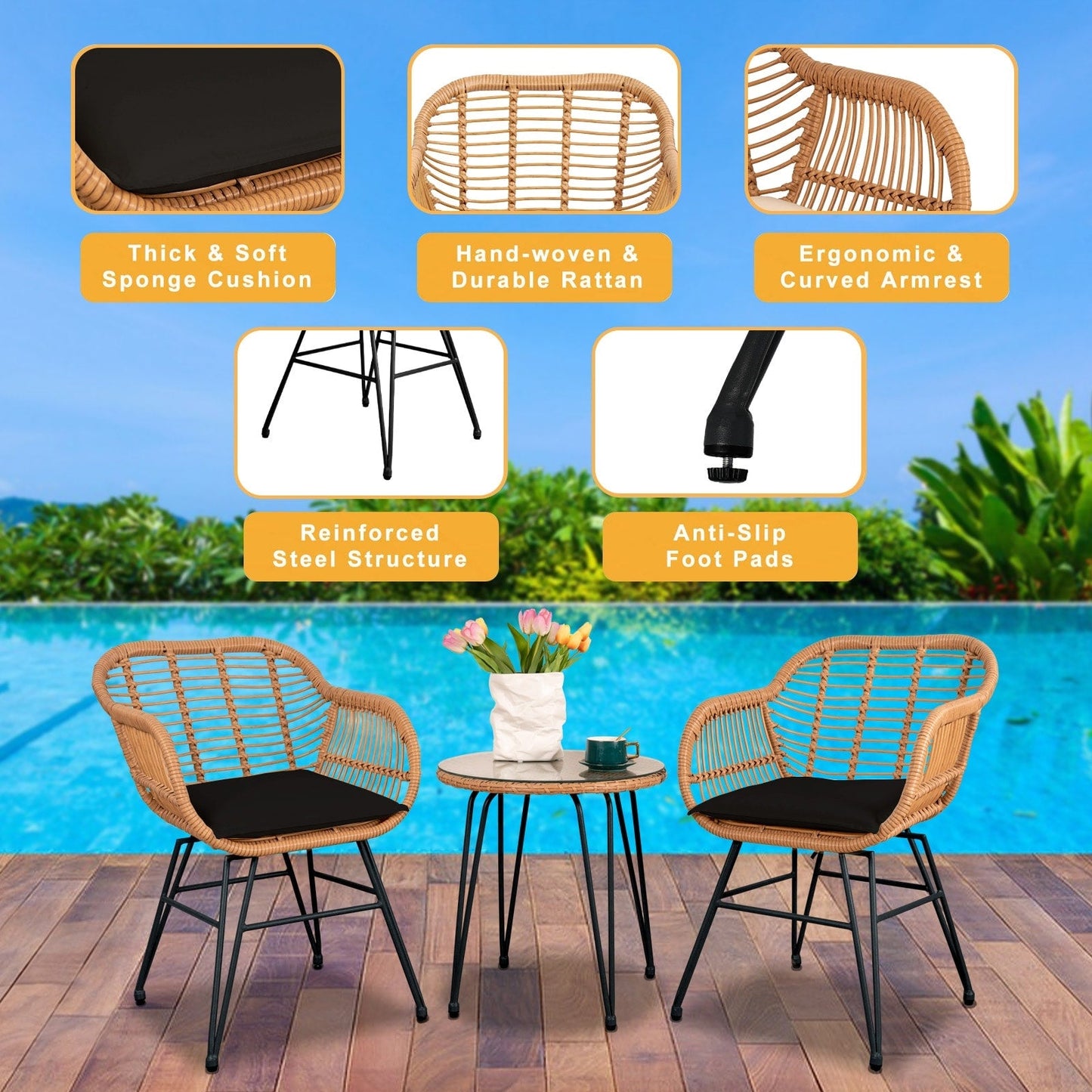 Ensemble de 3 meubles de jardin en osier avec coussins pour terrasse, piscine, jardin - 21,2 L x 23,6 l x 31,5 H
