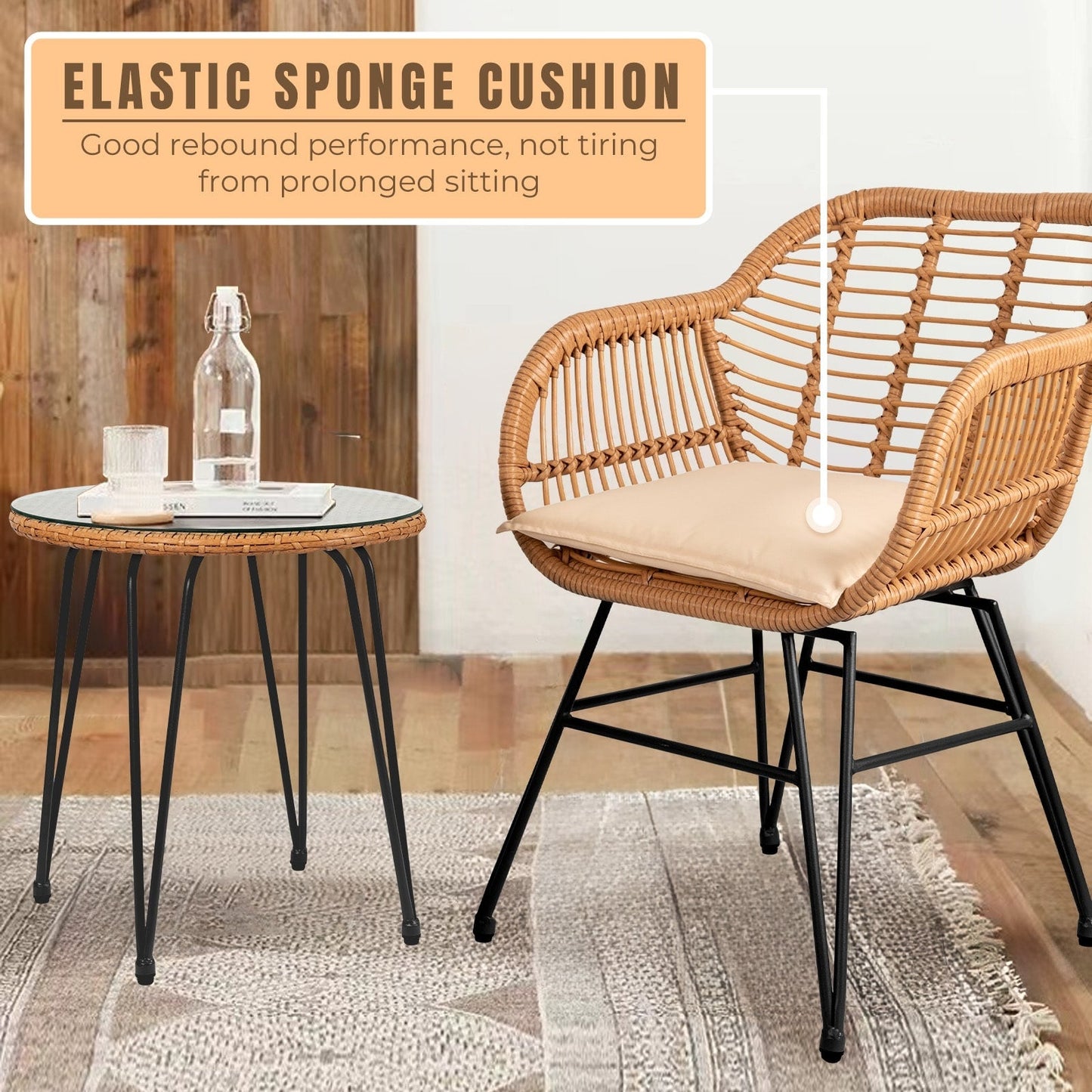 Ensemble de 3 meubles de jardin en osier avec coussins pour terrasse, piscine, jardin - 21,2 L x 23,6 l x 31,5 H