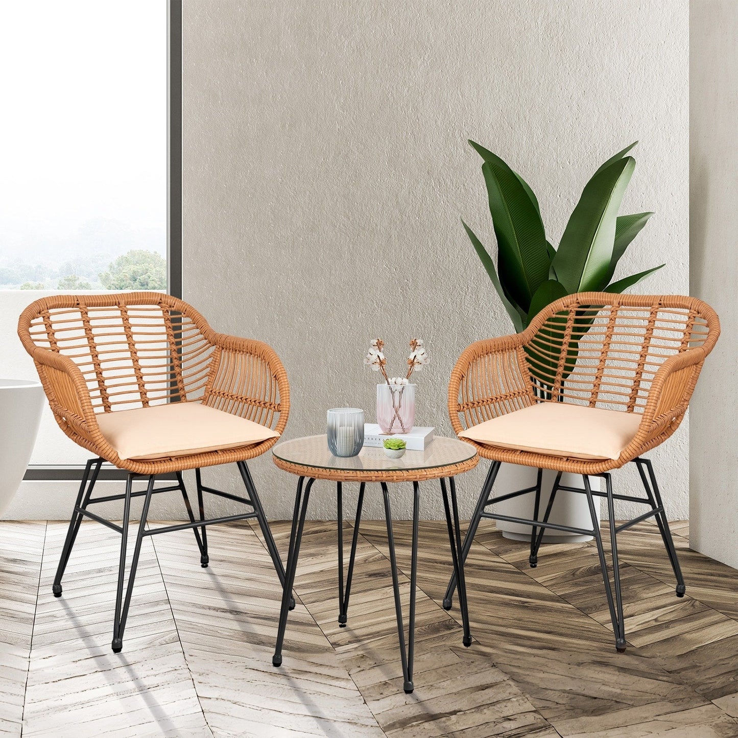 Ensemble de 3 meubles de jardin en osier avec coussins pour terrasse, piscine, jardin - 21,2 L x 23,6 l x 31,5 H