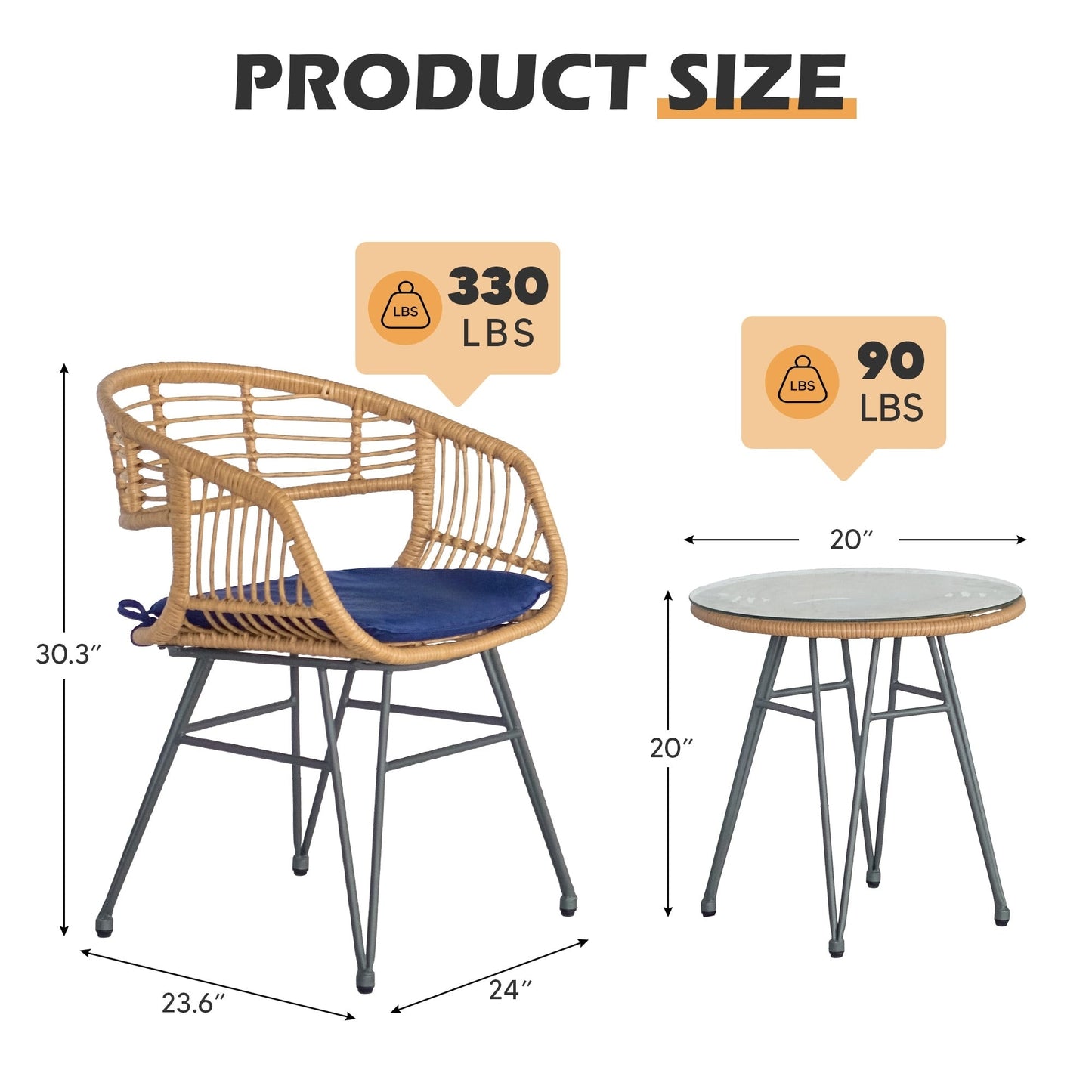 Ensemble de 3 meubles de jardin en osier avec coussins pour terrasse, piscine, jardin - 21,2 L x 23,6 l x 31,5 H