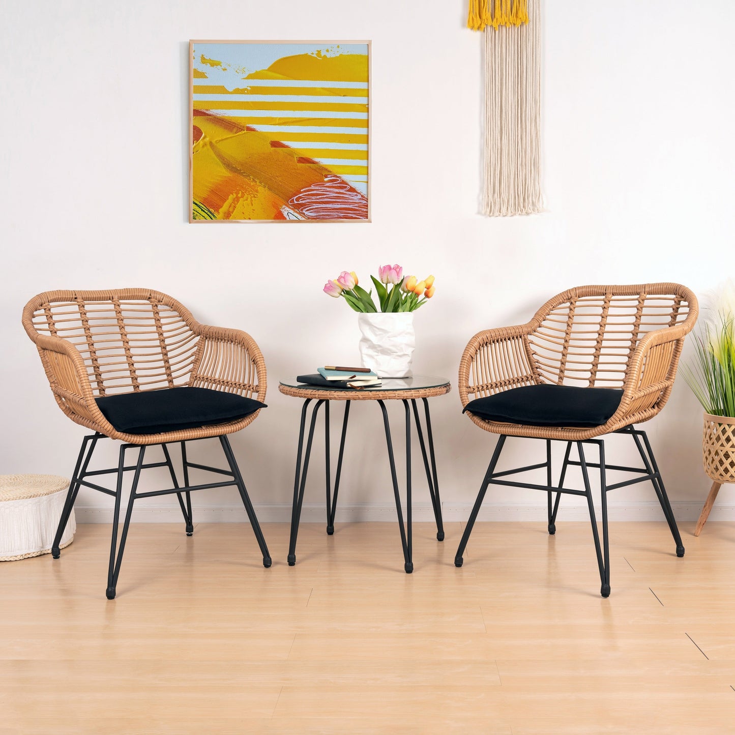 Ensemble de 3 meubles de jardin en osier avec coussins pour terrasse, piscine, jardin - 21,2 L x 23,6 l x 31,5 H