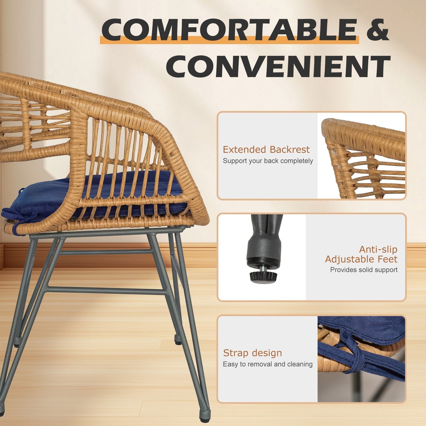 Ensemble de 3 meubles de jardin en osier avec coussins pour terrasse, piscine, jardin - 21,2 L x 23,6 l x 31,5 H