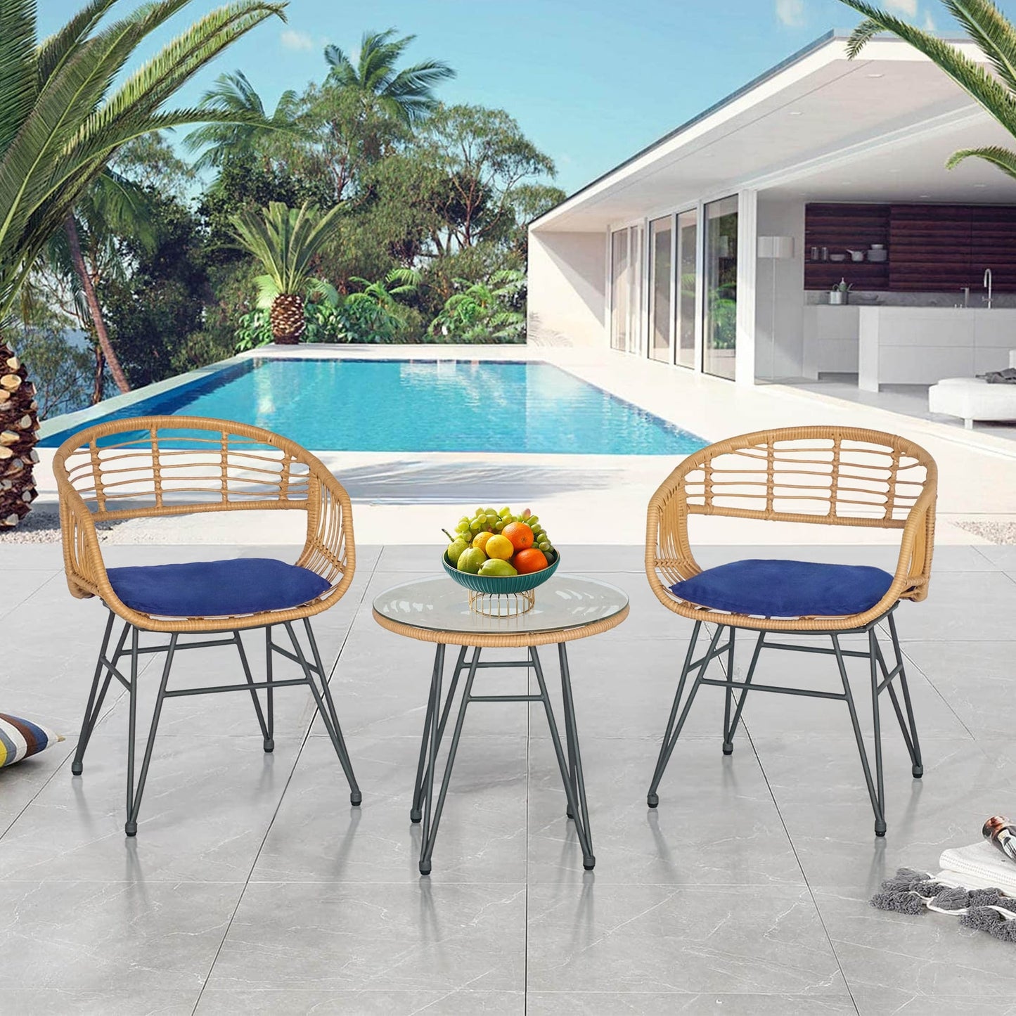 Ensemble de 3 meubles de jardin en osier avec coussins pour terrasse, piscine, jardin - 21,2 L x 23,6 l x 31,5 H