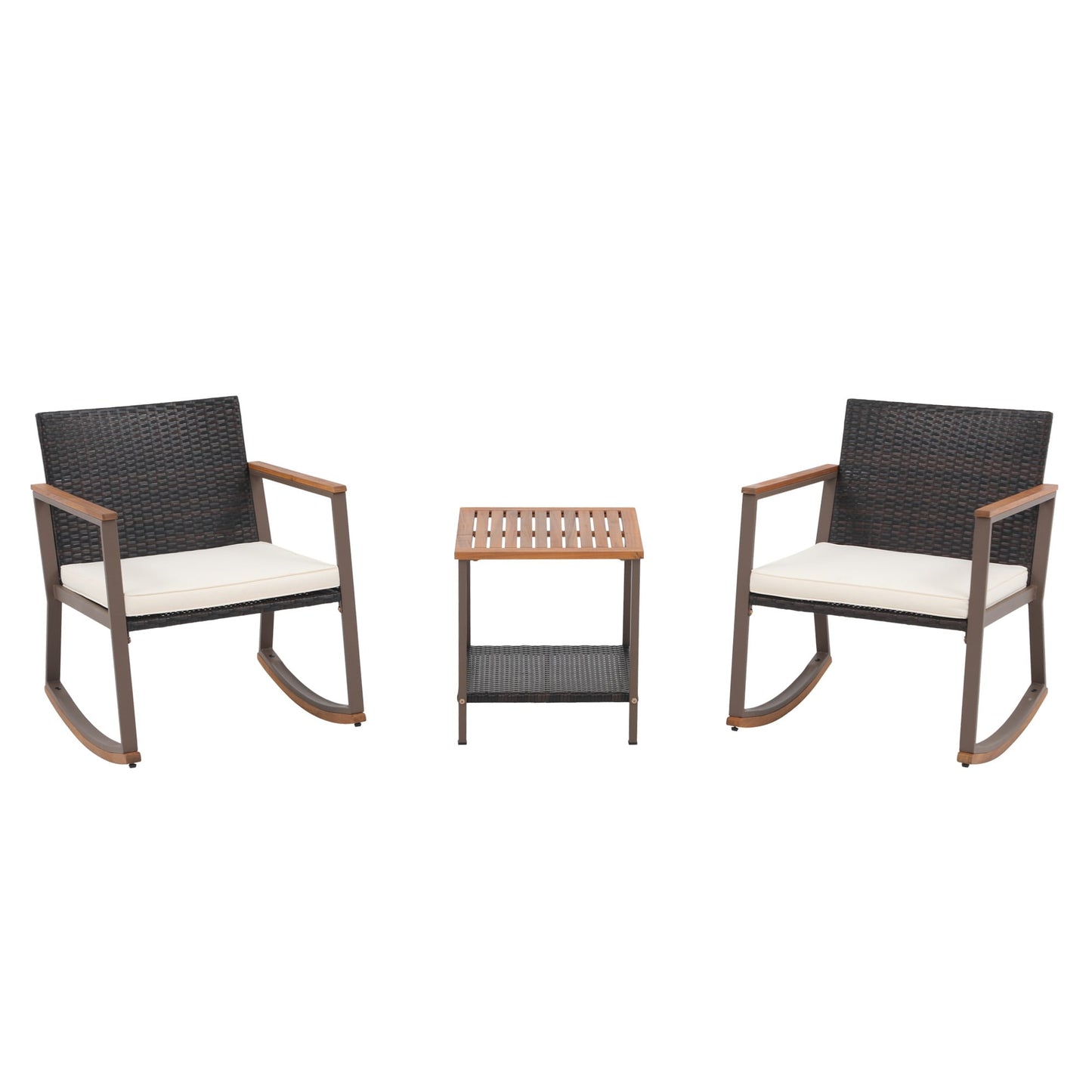 Ensemble de 3 chaises à bascule d'extérieur en osier avec coussins