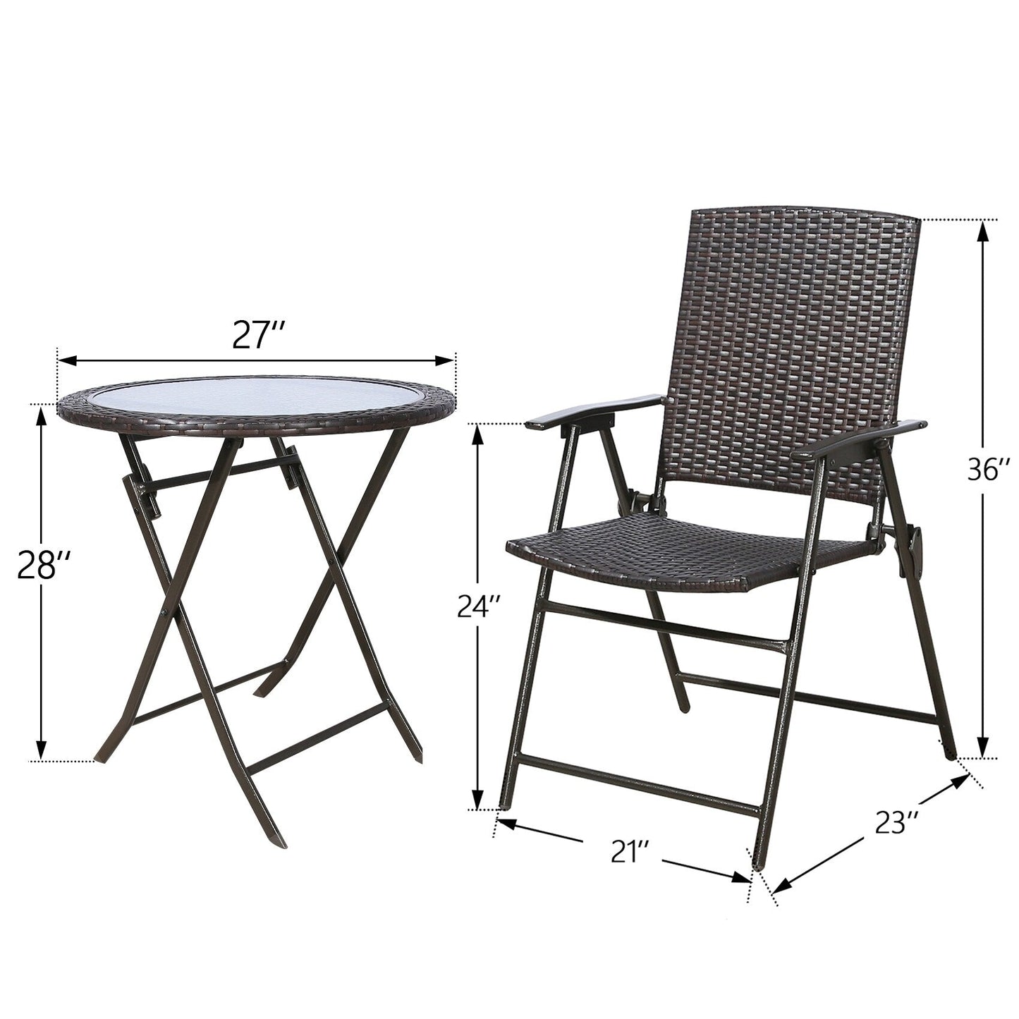 Ensemble de jardin en osier 3 pièces avec chaises de salle à manger et table de jardin pliante