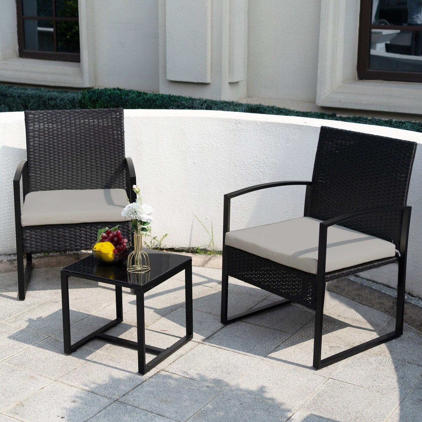 Ensemble de bistrot de jardin 3 pièces avec table en verre et salon de jardin en rotin pour véranda, jardin et balcon