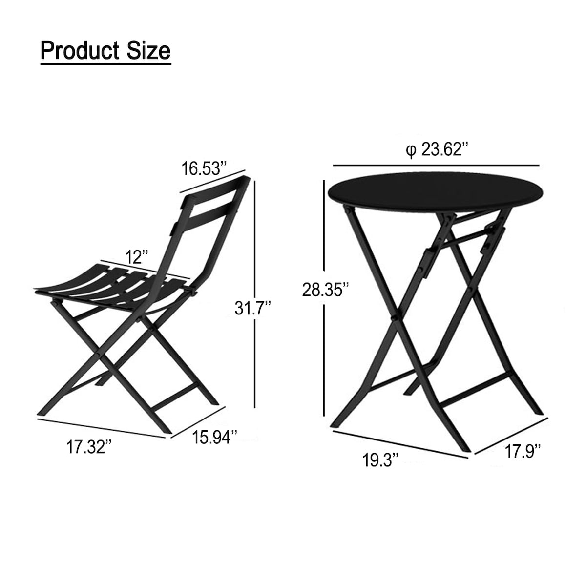 Ensemble bistro de patio 3 pièces avec table ronde pliable et chaises