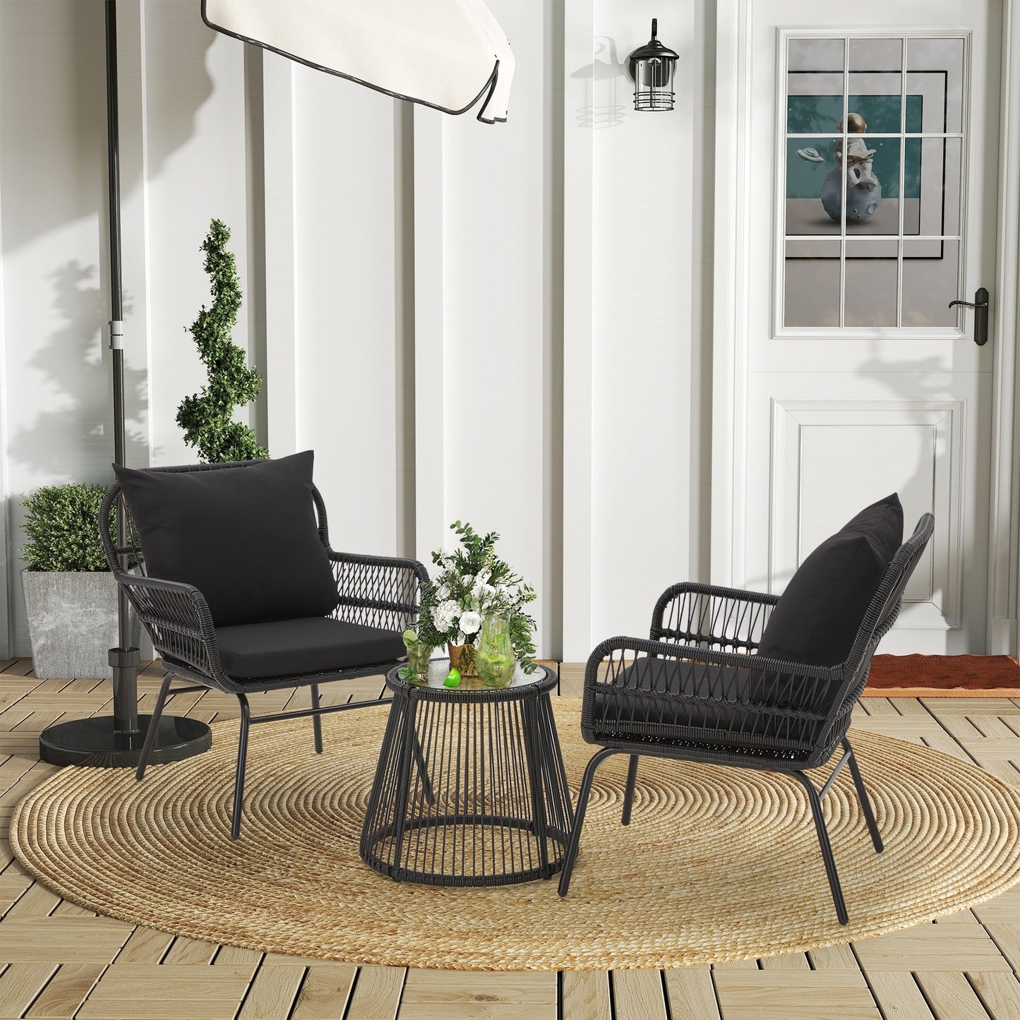 Ensemble de bistrot de jardin 3 pièces en rotin avec table en verre, 2 fauteuils larges et coussins d'assise