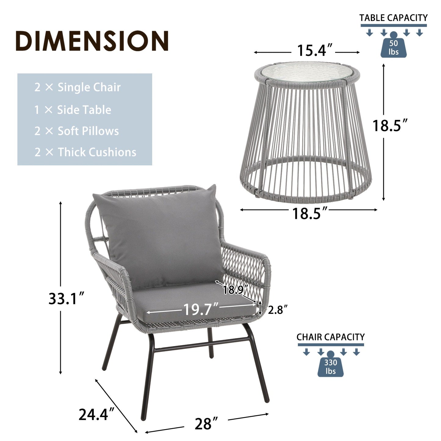 Ensemble de bistrot de jardin 3 pièces en rotin avec table en verre, 2 fauteuils larges et coussins d'assise